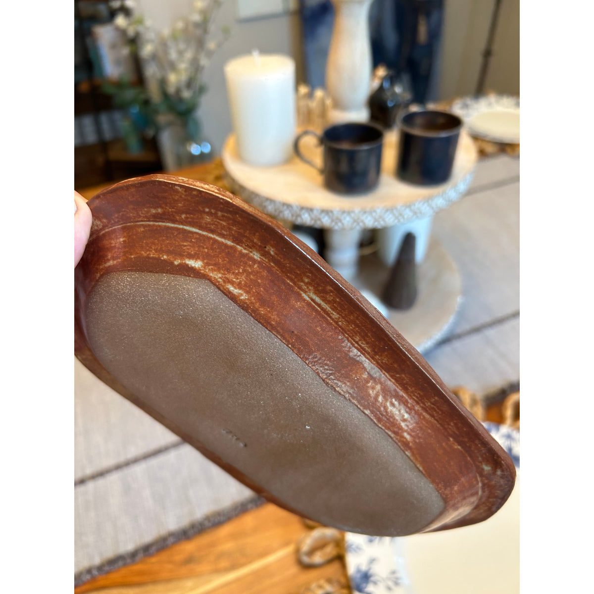 Handmade Candle Plate Ceramic Dish 9 x 6 inch Boho Neutral Home Gift