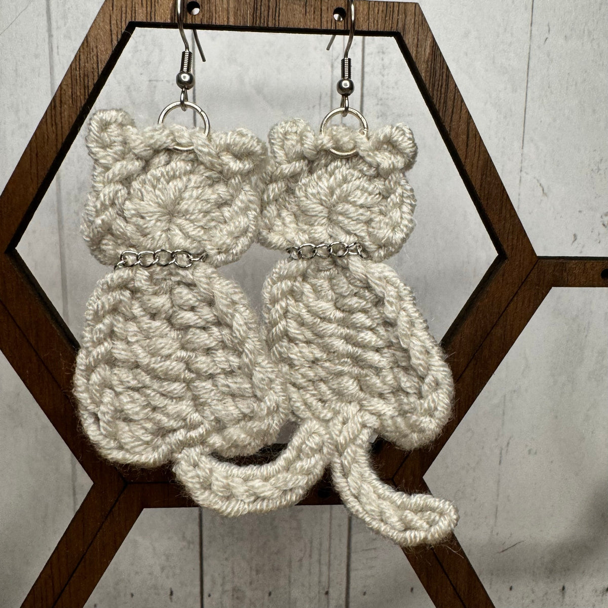 Gray Taupe Cat Crochet Earrings Kitty Accessories Gray Beige Earrings