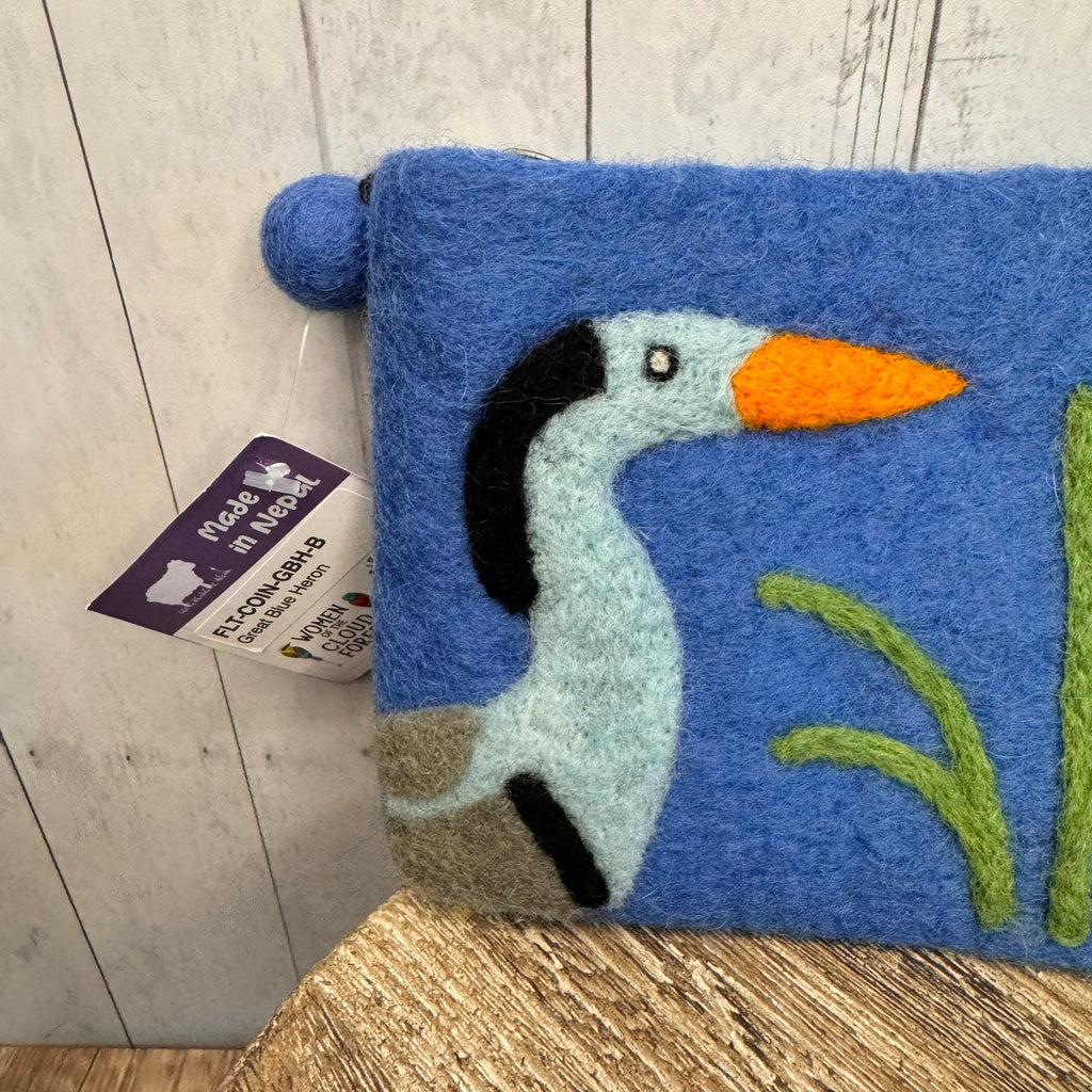 Felted Wool Blue Wallet Pouch Blue Heron Bird Lover Makeup Bag New FAST SHIP