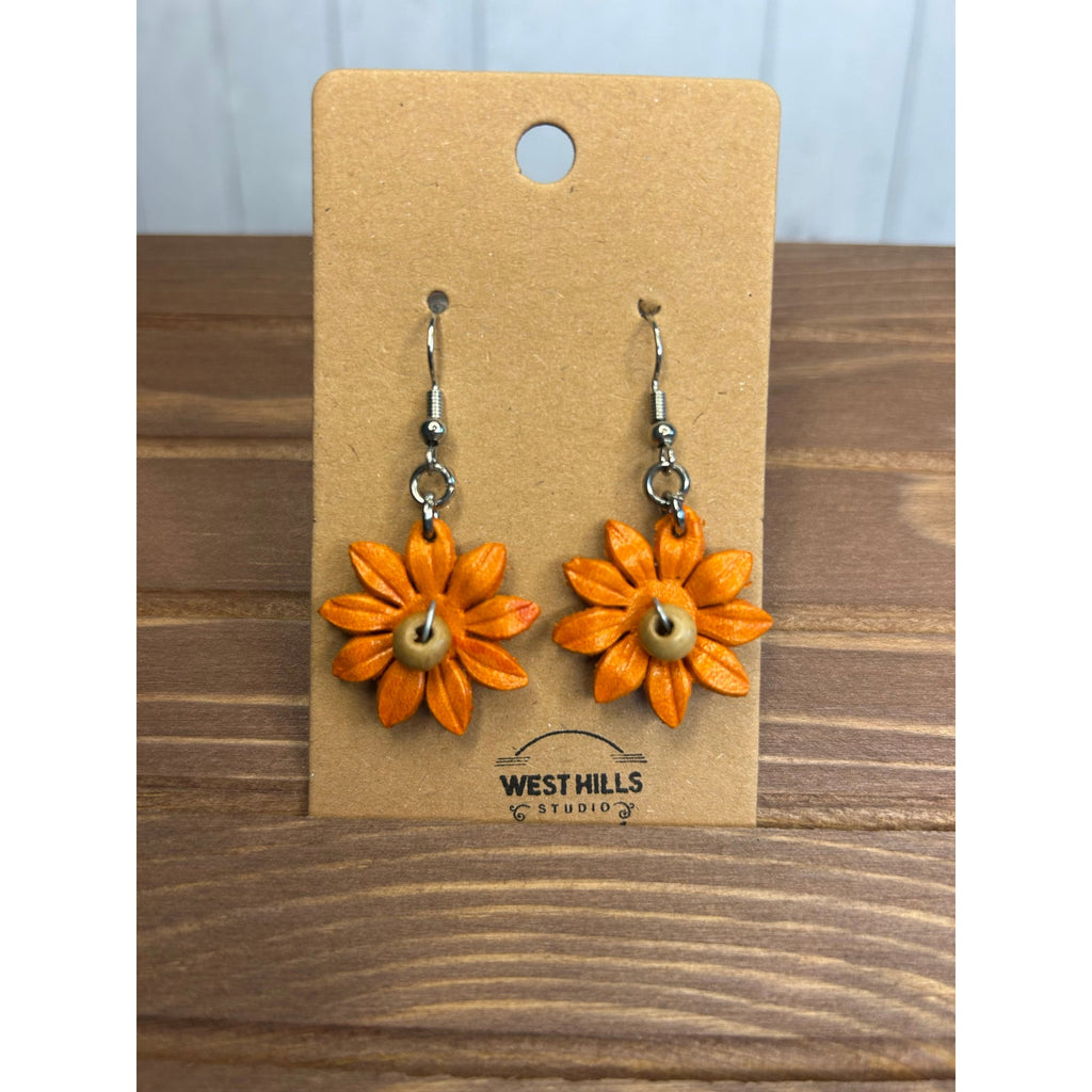 Genuine Leather Flower Earrings Orange Gerbera Daisy Dangle Earrings NEW!