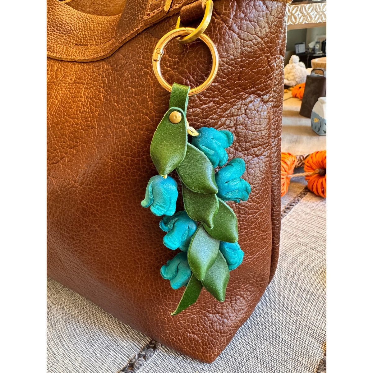 Genuine Leather Trailing Blue Bell Flower Purse Charm Leather Bag Charm