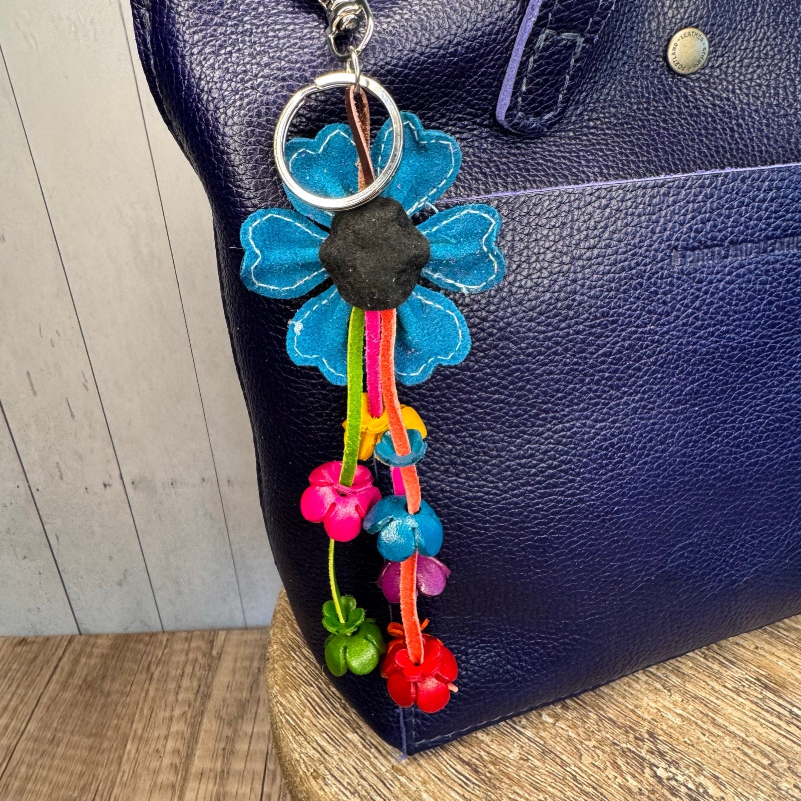 Bright Blue Daisy Flower Leather Bag Charm Genuine Leather Purse Charm Flowers