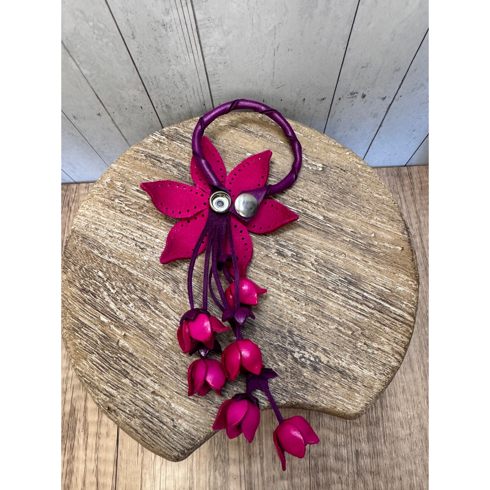 Leather Purse Charm Genuine Leather Bright Pink Flower Bag Charm NEW FAST SHIP