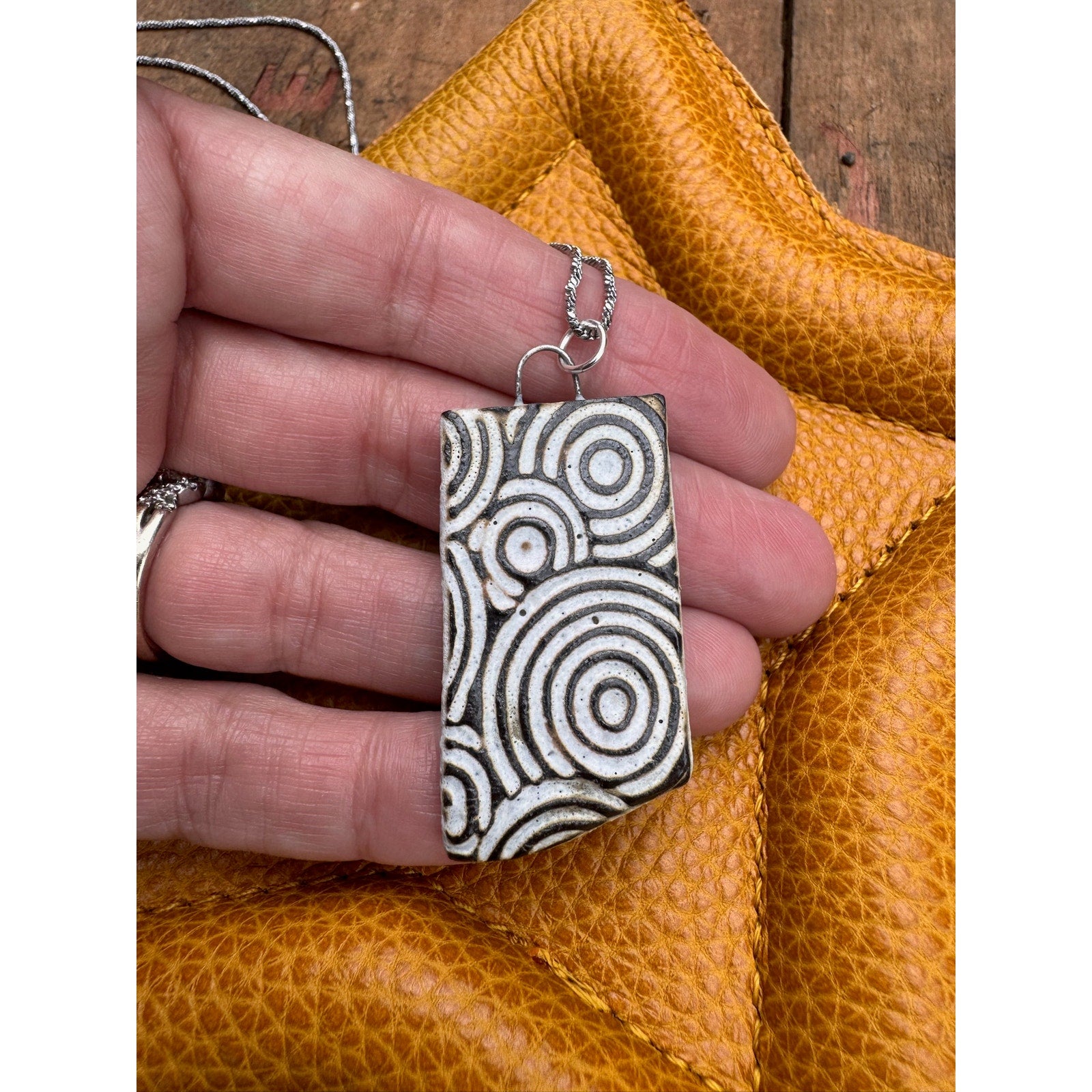 Ceramic Rectangle Pendant Necklace Handcrafted Jewelry Circle Boho Necklace