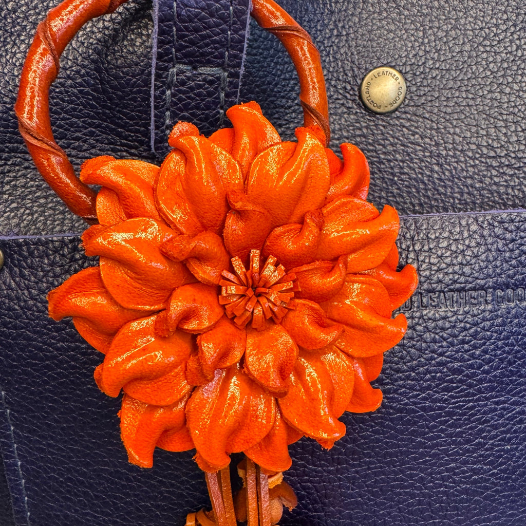 Leather Flower Purse Charm Genuine Leather Orange Mum Dahlia Bag Charm NeW!