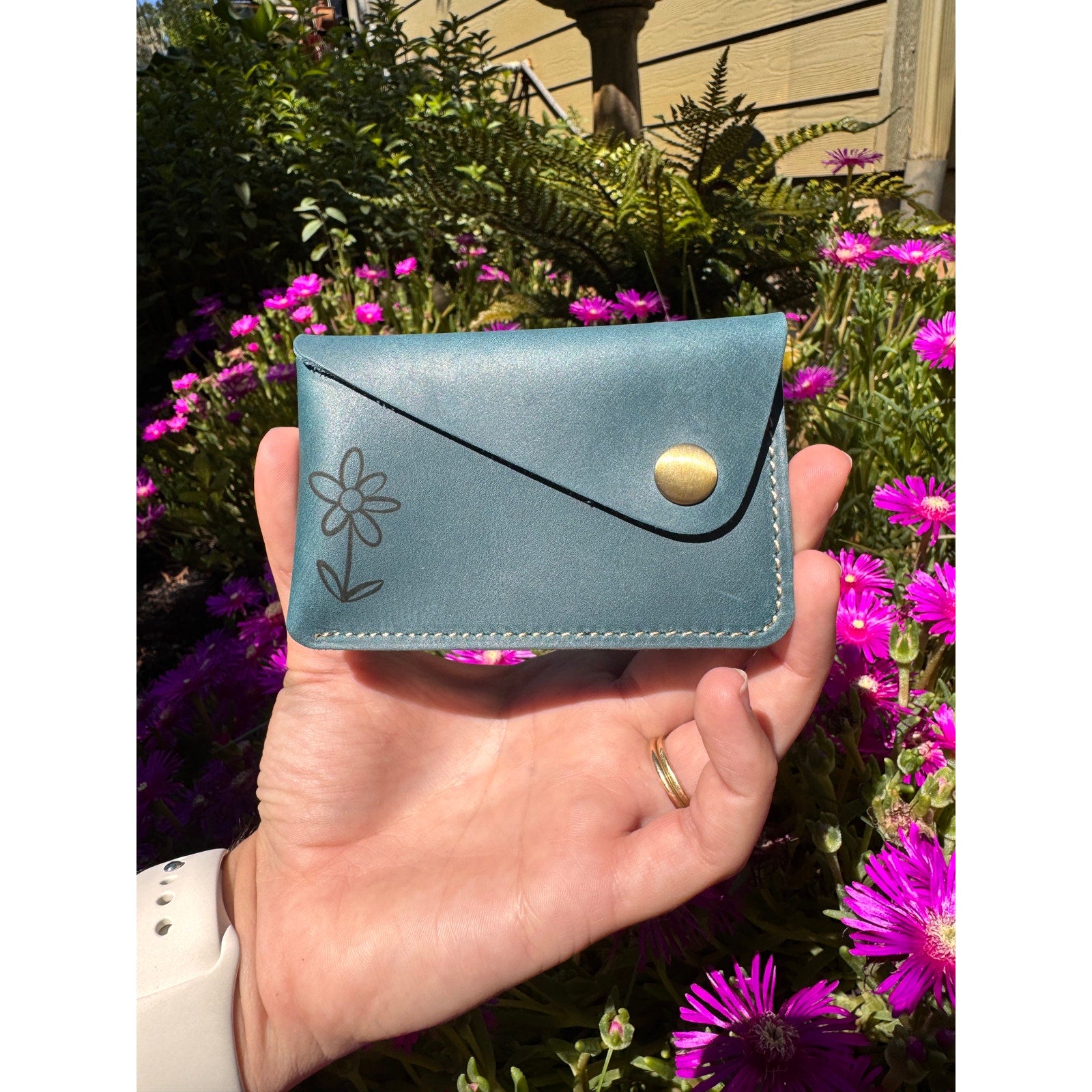 Genuine Leather Wallet  OCEAN BLUE Side Snap Credit Card Holder Wallet NEW