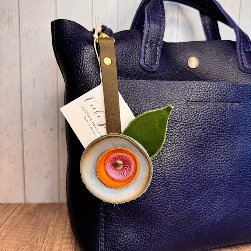 Genuine Leather Purse Charm Blue Orange Pink Flower Bag Keychain Purse Accessory