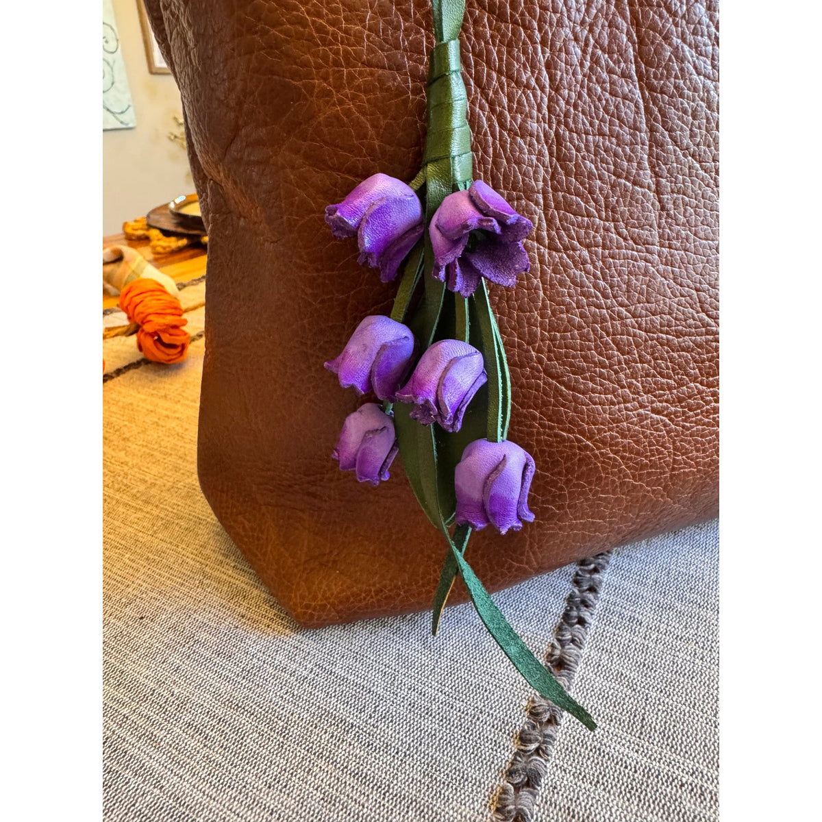 Genuine Leather Trailing Purple Flower Purse Charm Leather Bag Charm