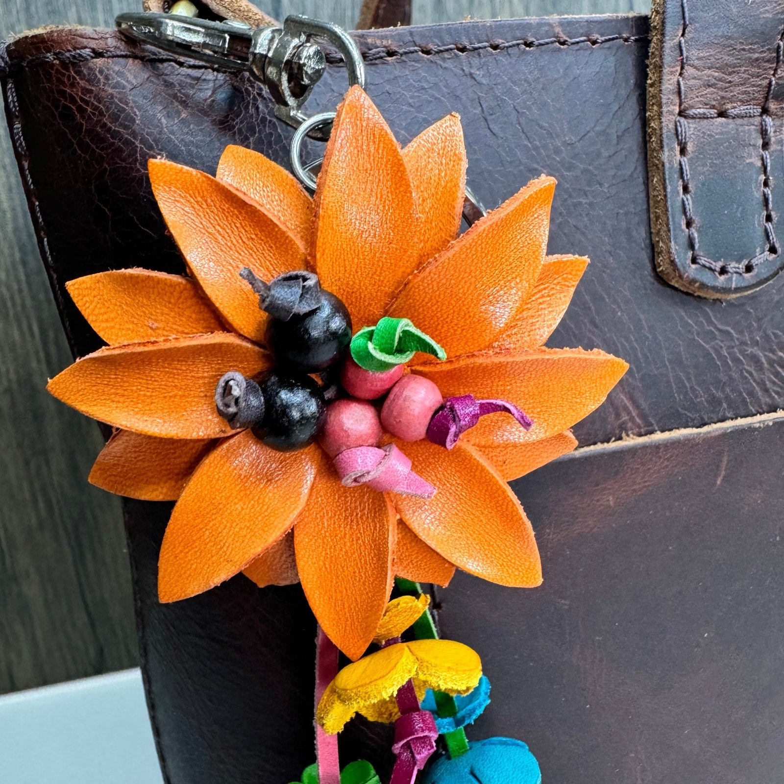 Daisy Flower Leather Bag Charm Genuine Orange Leather Purse Crossbody Keychain
