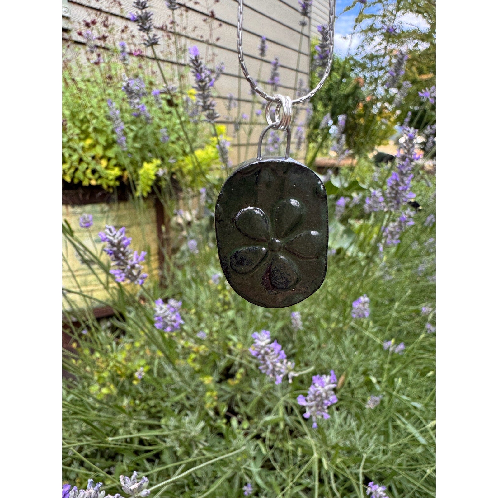 Kiln Fired Mirror Daisy Necklace Handcrafted Ceramic Pendant Jewelry Green