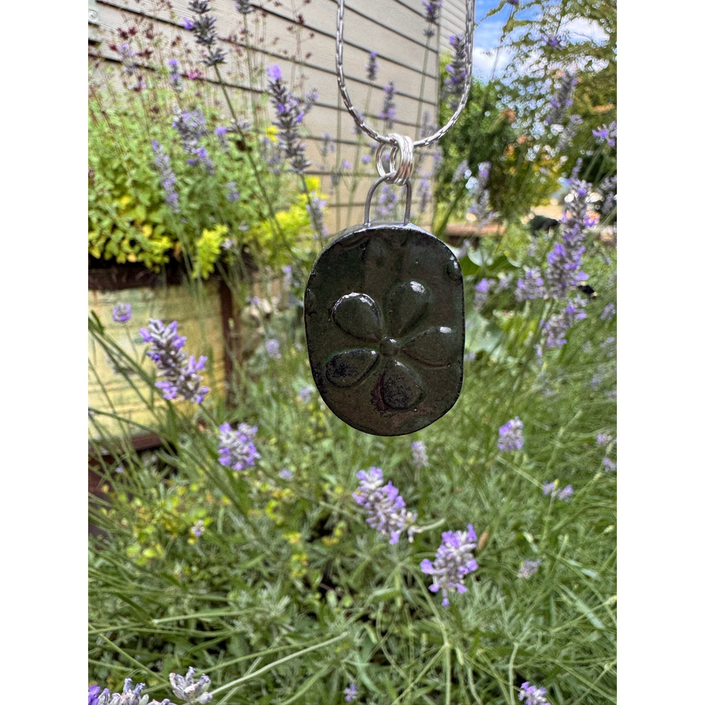 Kiln Fired Mirror Daisy Necklace Handcrafted Ceramic Pendant Jewelry Green