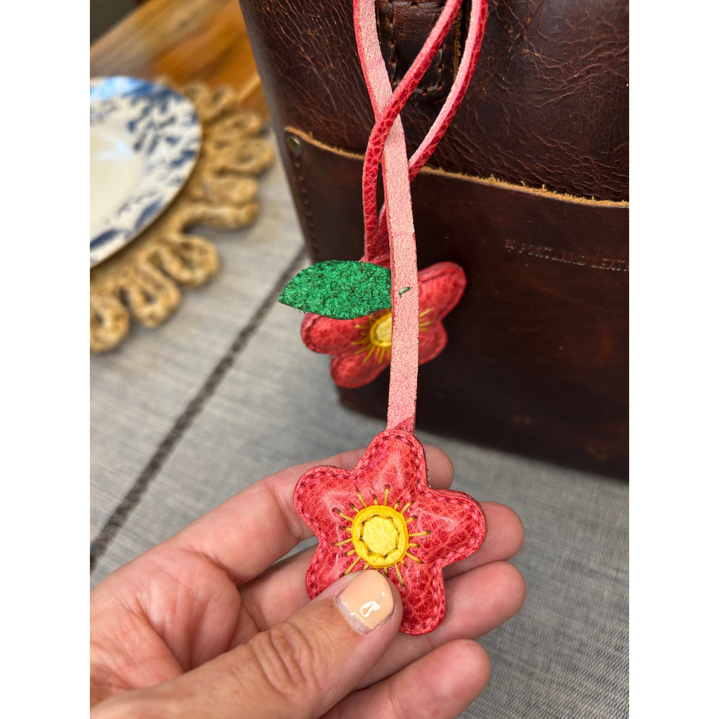Double Red Pink Flower Bag Charm Daisy Flower Genuine Leather Purse Charm