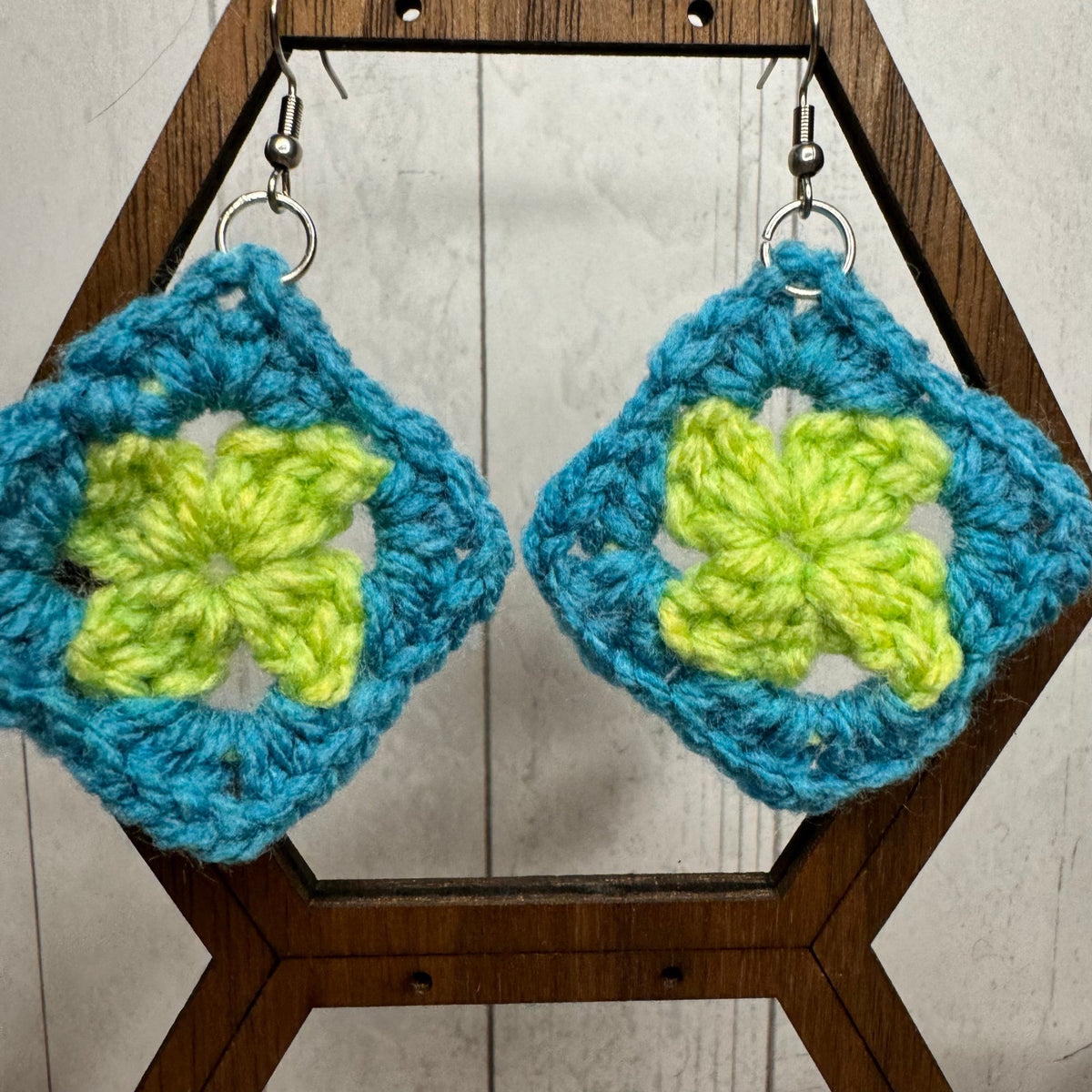 Blue Green Granny Square Crochet Earrings Dangle Earrings NEW! Fast Ship