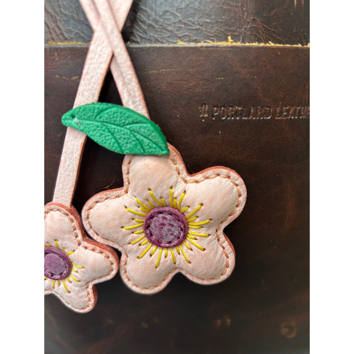 Double Pink Flower Bag Charm Daisy Flower Genuine Leather Purse Charm