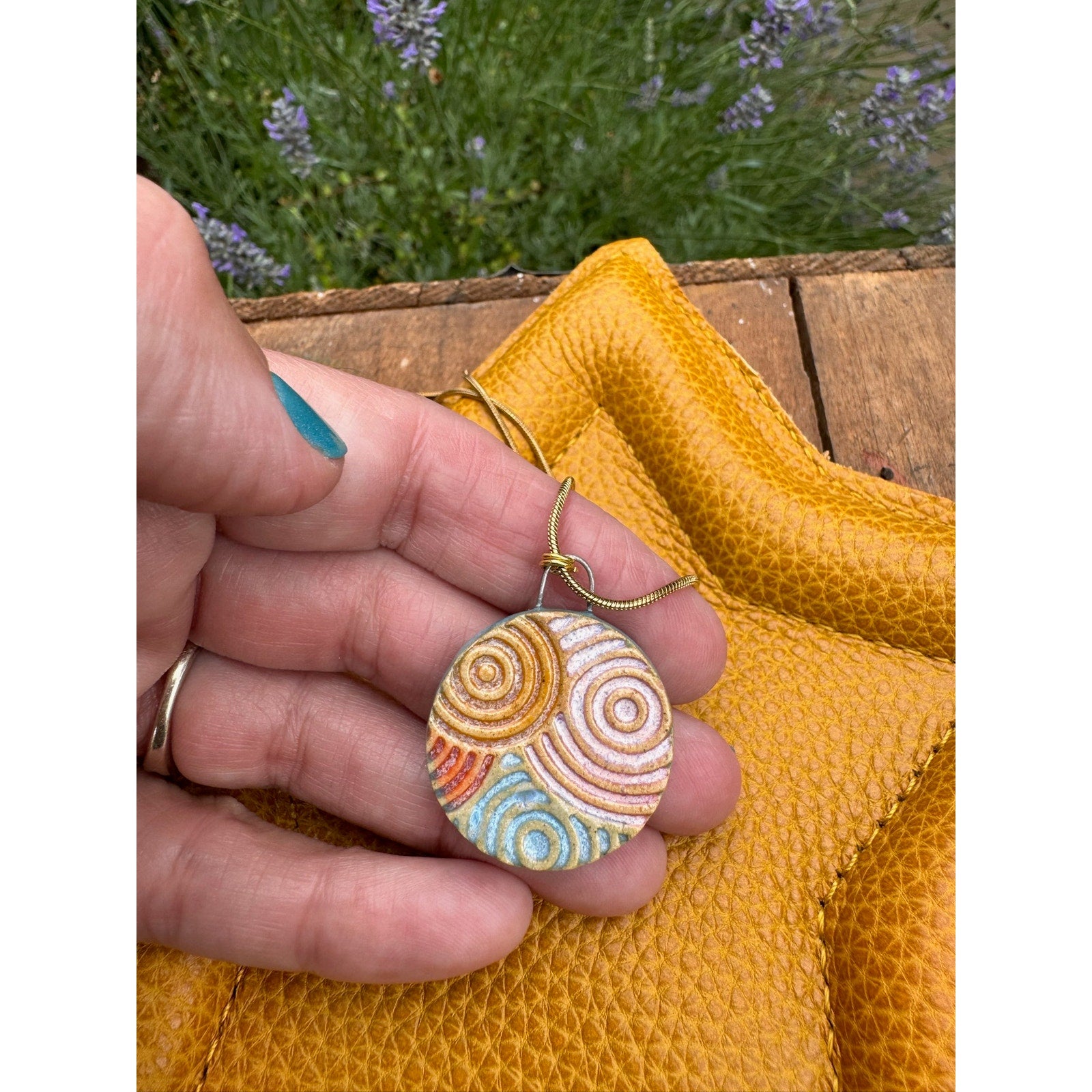 Kiln Fired Circle Geometric Necklace Handcrafted Sunshine Sunrise Jewelry
