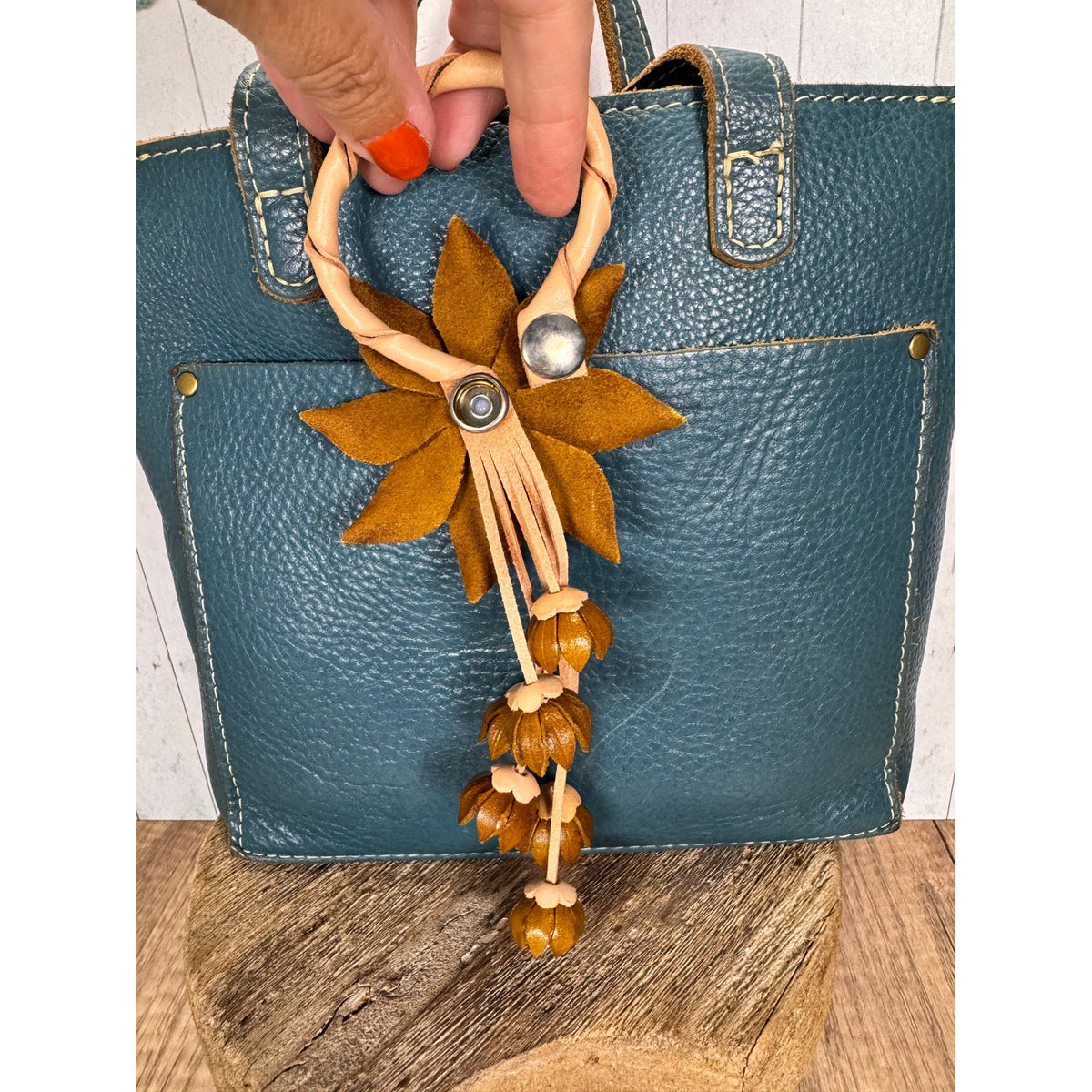 Autumn Purse Charm Fall Flower Charm Genuine Leather Neutral Accessory NEW!
