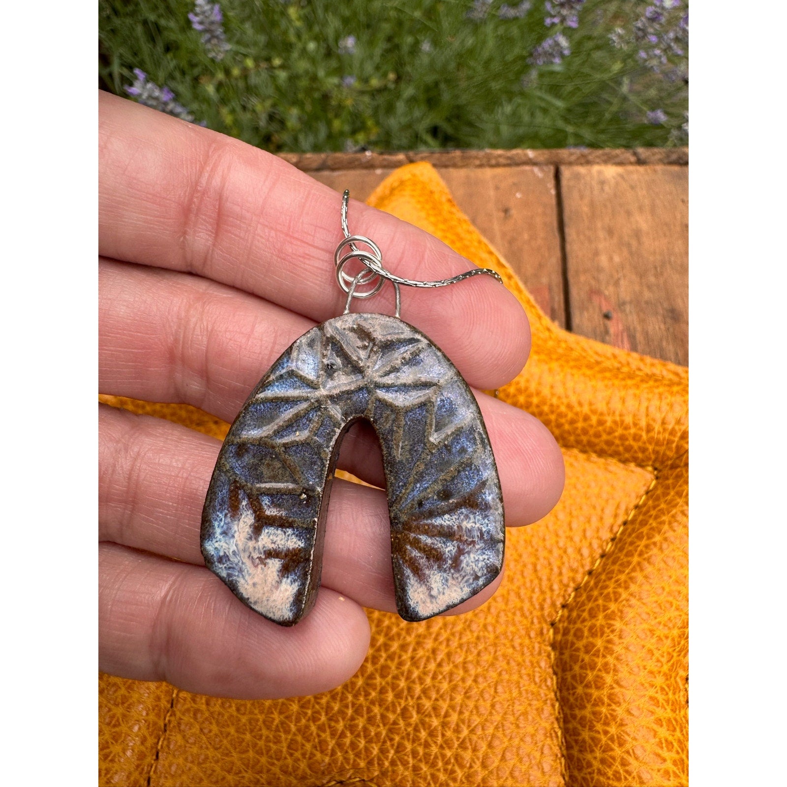 Ceramic Kiln Fired Horseshoe Pendant Necklace Handcrafted Boho Pendant Necklace