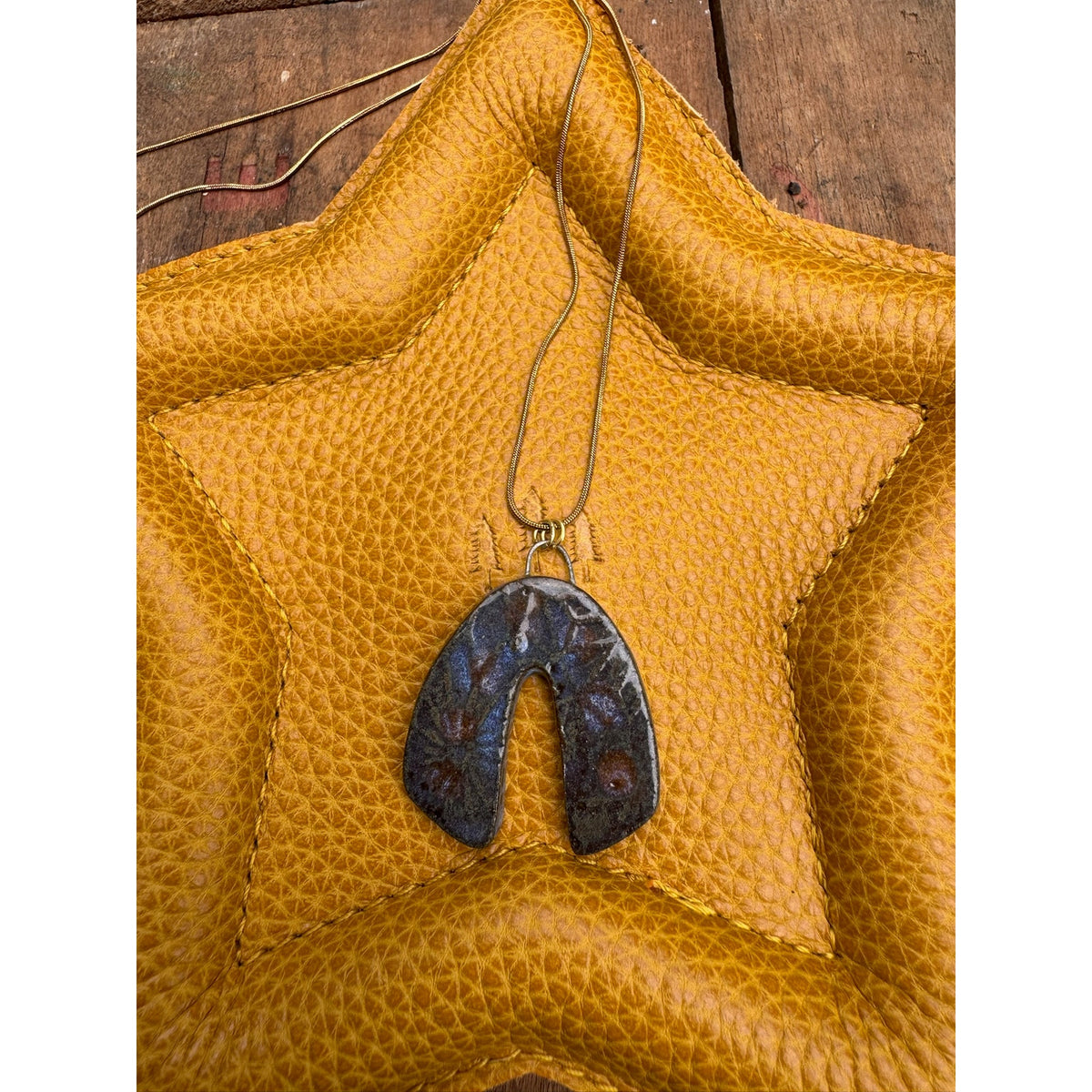 Kiln Fired Light Horseshoe Necklace Handcrafted Ceramic Horse Shoe Blue Pendant