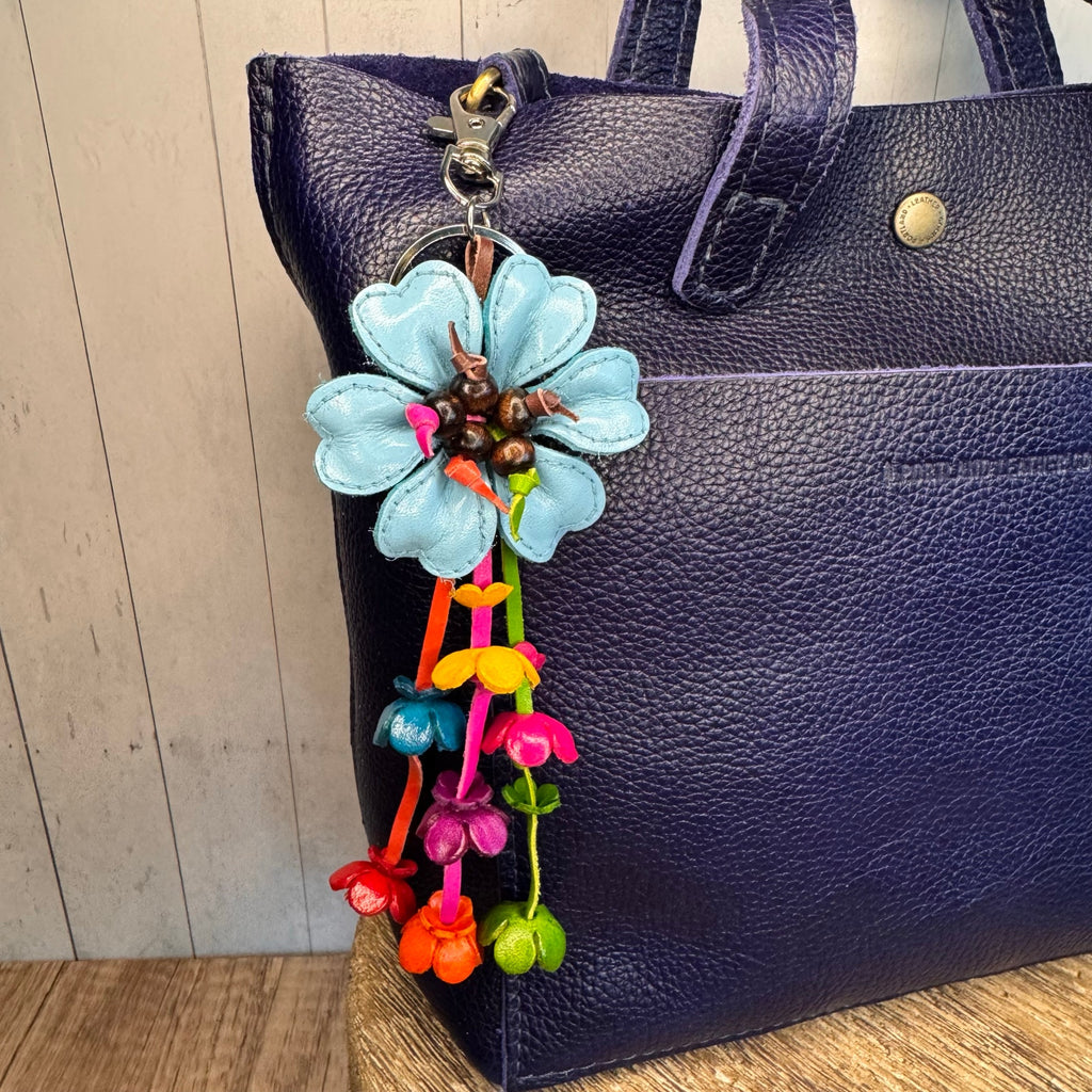 Baby Blue Daisy Flower Leather Bag Charm Genuine Leather Purse Charm Flowers