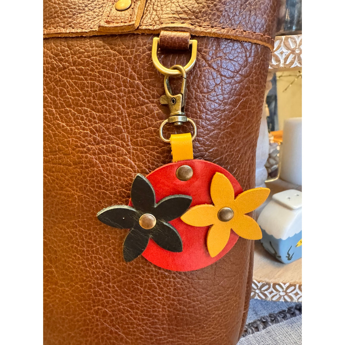 Double Daisy Flower Bag Charm Genuine Leather Red Yellow Blackish Green Charm