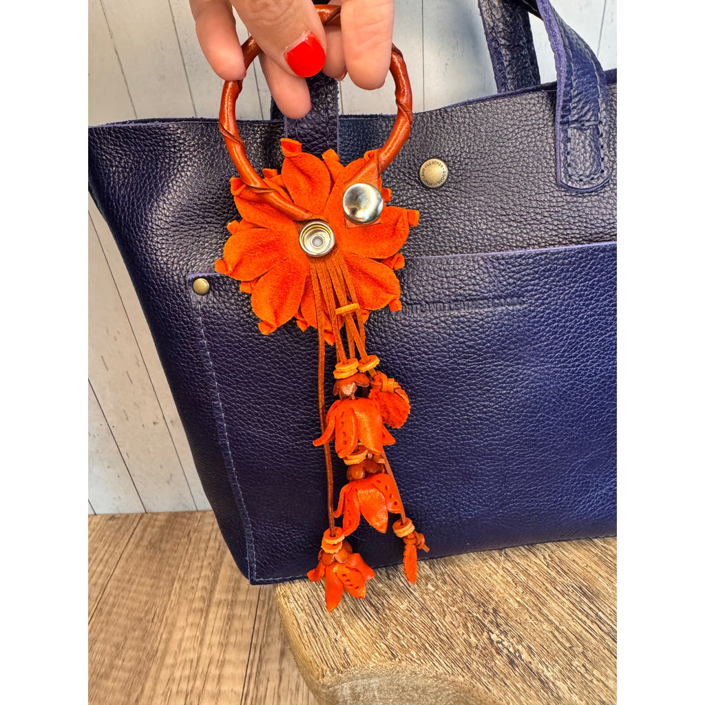 Leather Flower Purse Charm Genuine Leather Orange Mum Dahlia Bag Charm NeW!