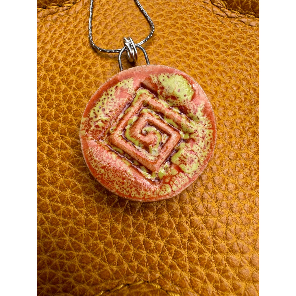 Boho Round Pendant Necklace Orange Yellow Jewelry Boho Pottery Necklace