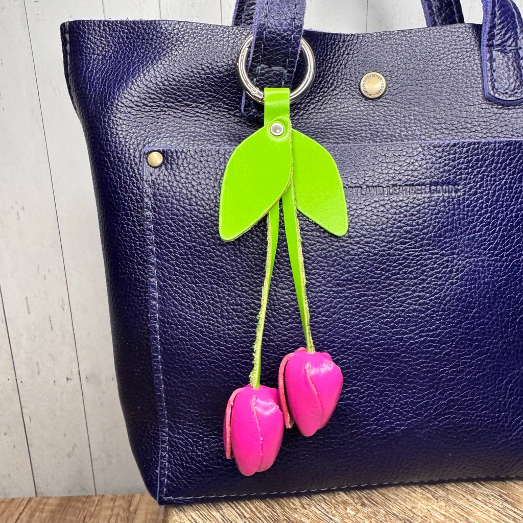 Leather Hot Pink Tulip Purse Charm Genuine Leather Pink Flower Bag Charm NEW