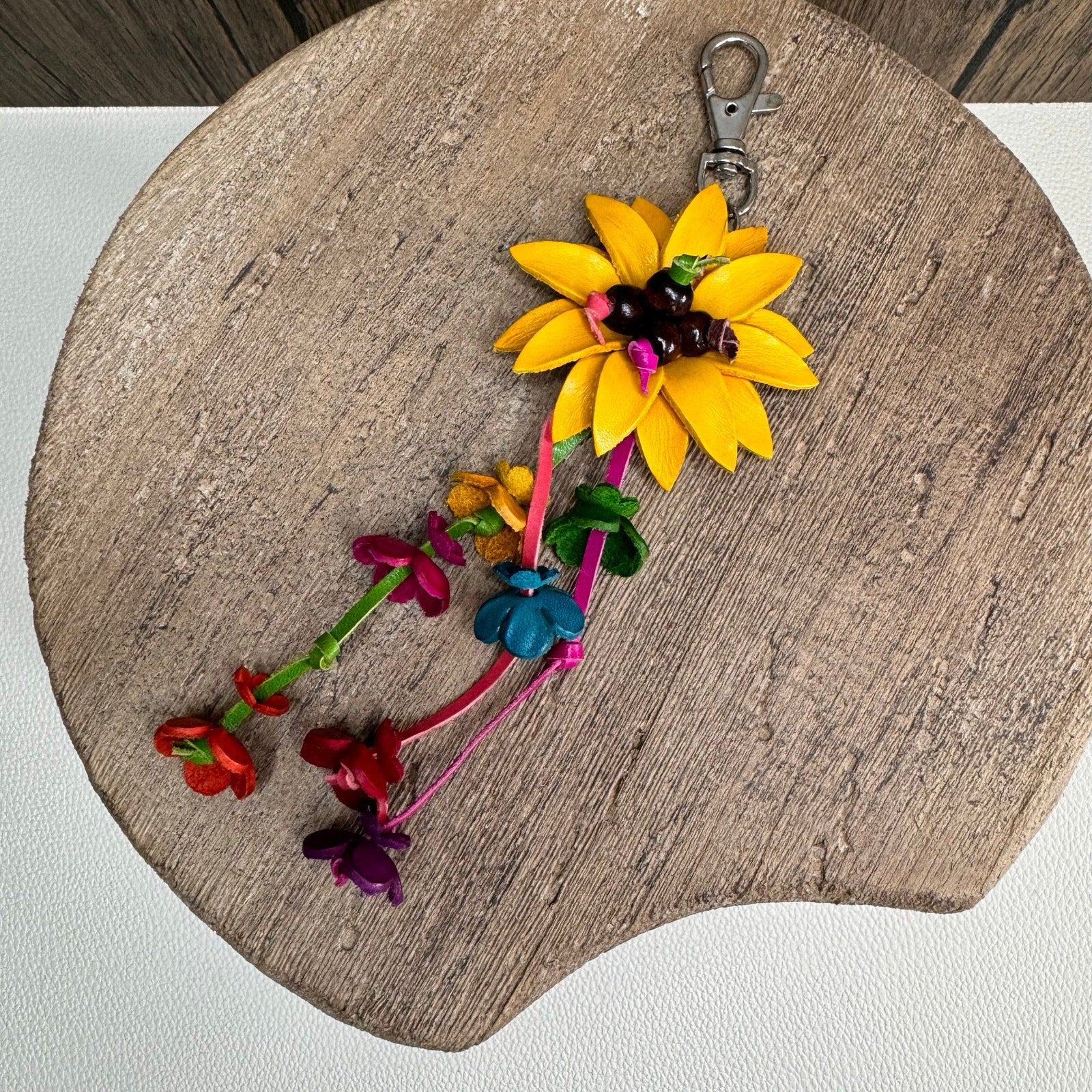 Yellow Daisy Flower Leather Bag Charm Genuine Leather Sunflower Crossbody Charm