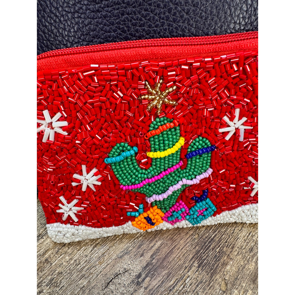 Christmas Cactus Beaded Coin Purse Holiday Pouch Womens Gift for Her NEW!