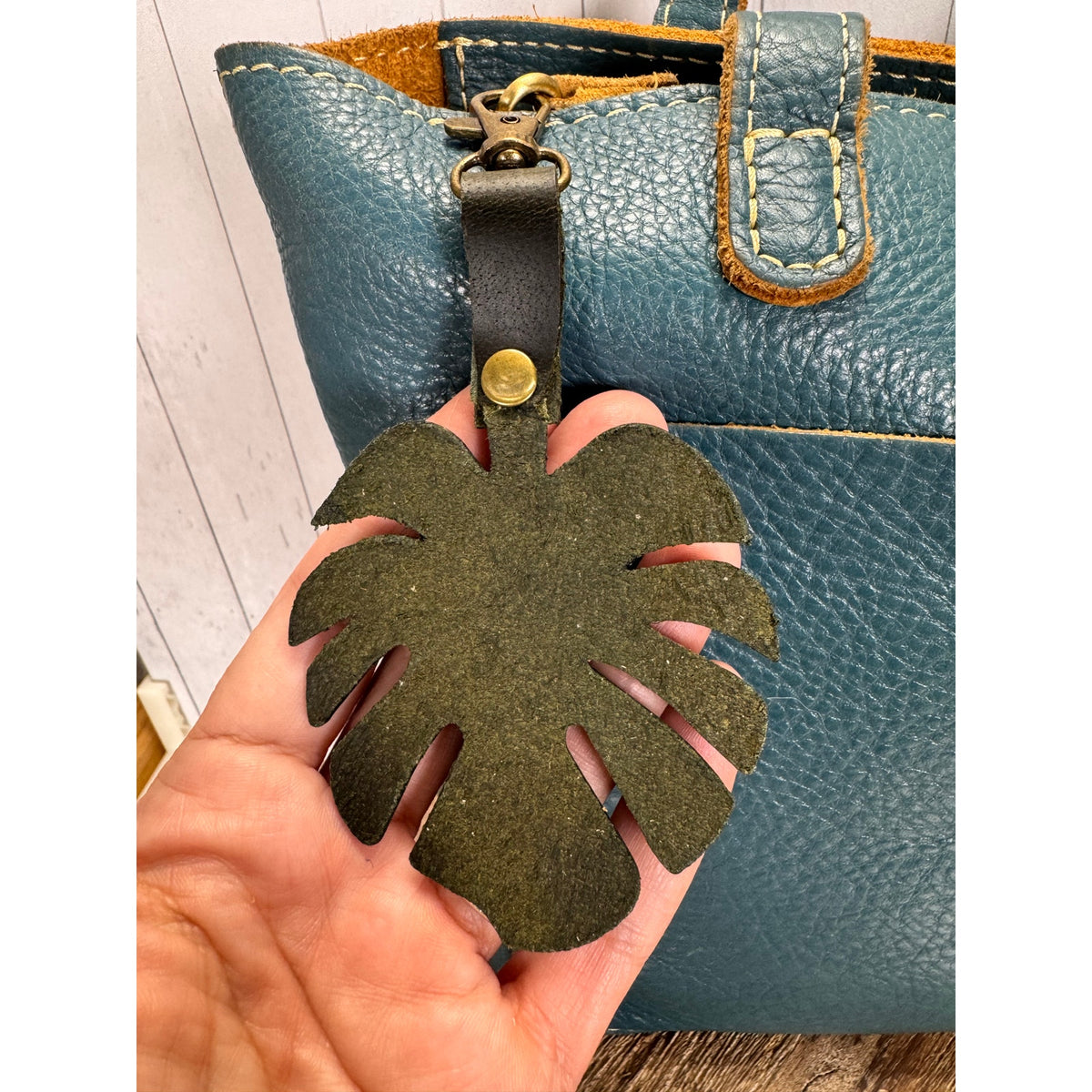 Dark Green Monstera Bag Charm Genuine Leather Green Boho Purse Charm