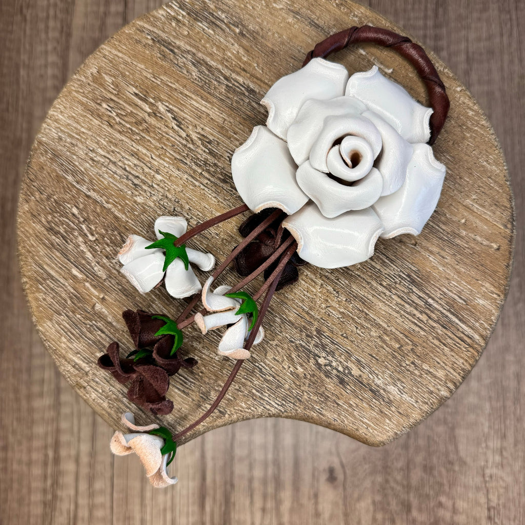 Leather White Rose Purse Charm Genuine Leather Flower Bag Charm NEW FAST SHIP