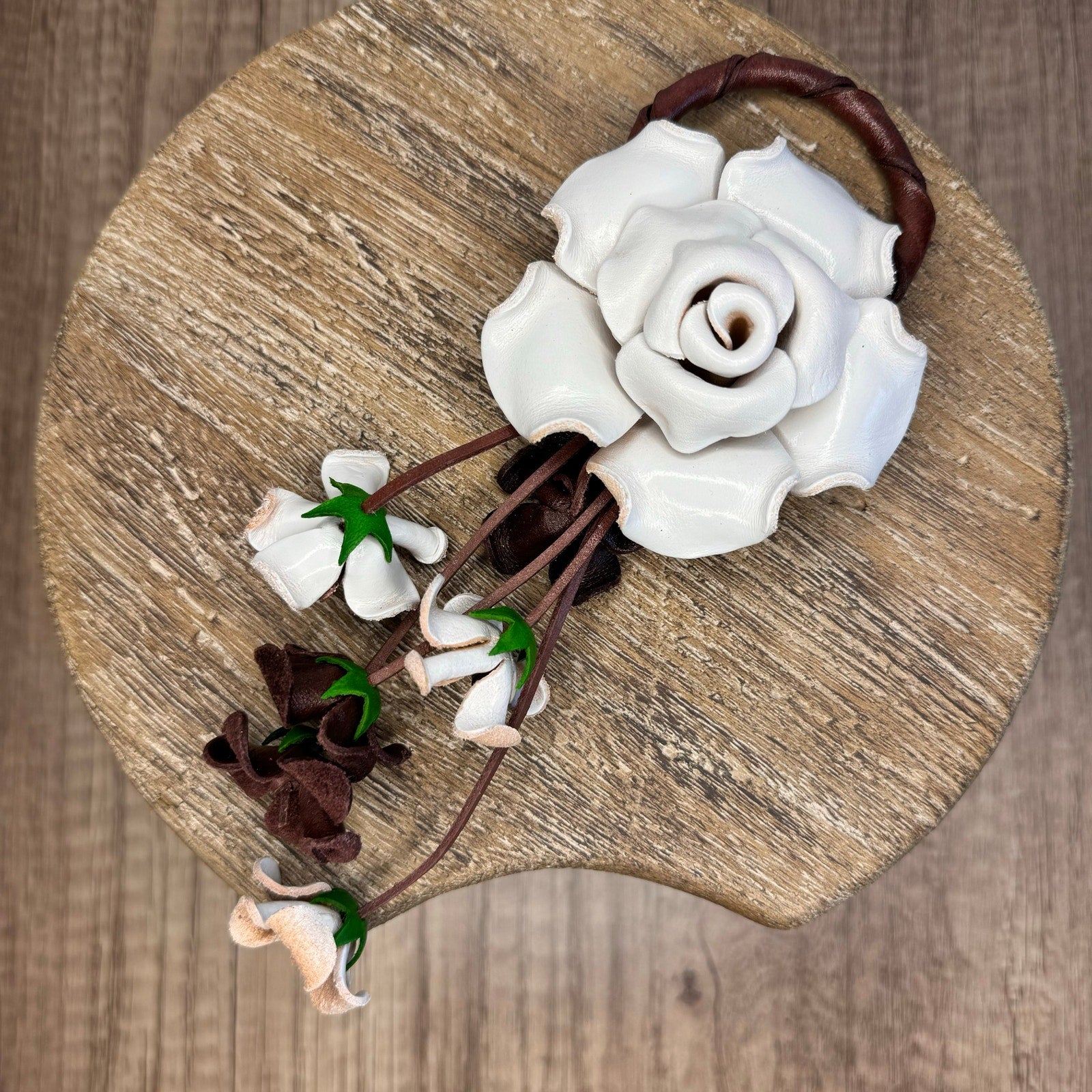 Leather White Rose Purse Charm Genuine Leather Flower Bag Charm NEW FAST SHIP