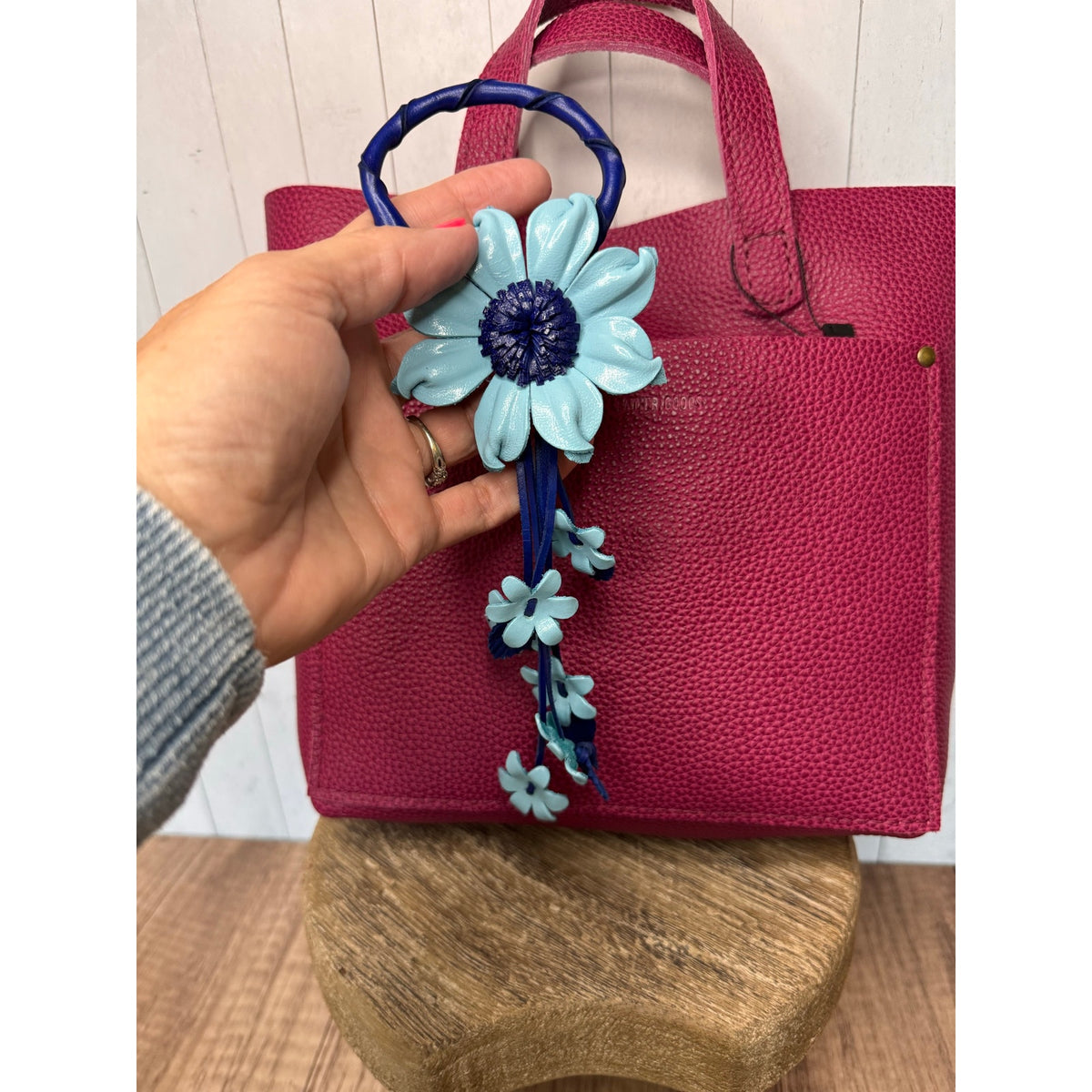 Blue Leather Purse Charm Blue Flower Charm Genuine Leather Daisy Bag Charm NEW!