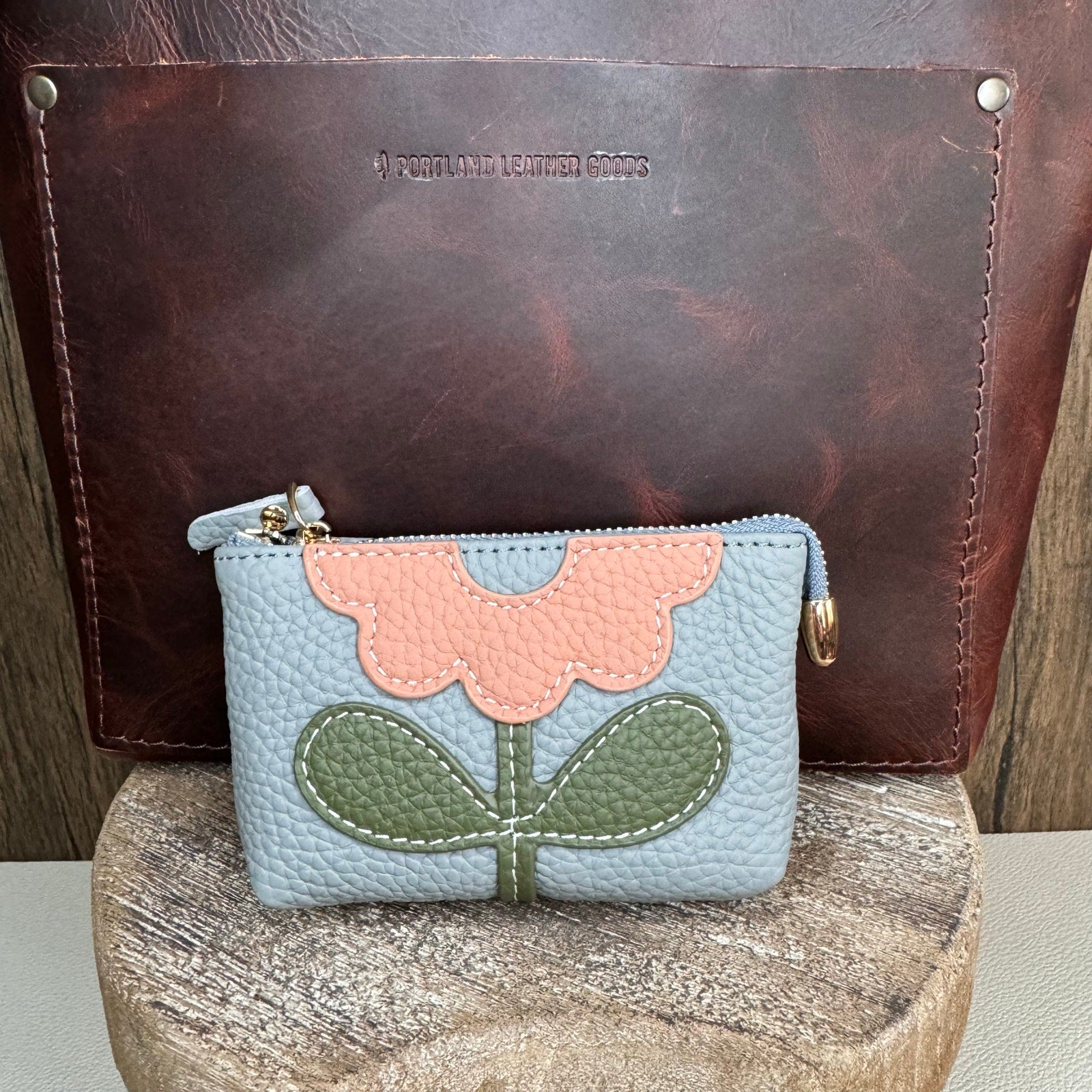 Flower Coin Purse Light Blue Wallet Genuine Leather Wallet NEW FAST SHIP