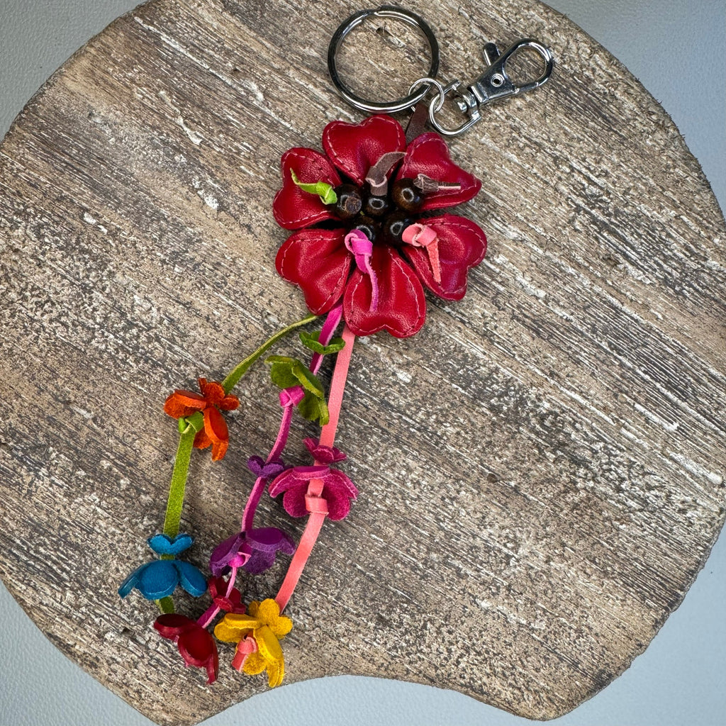 Red Leather Beaded Daisy Flower Purse Charm Genuine Leather Bag Charm NEW
