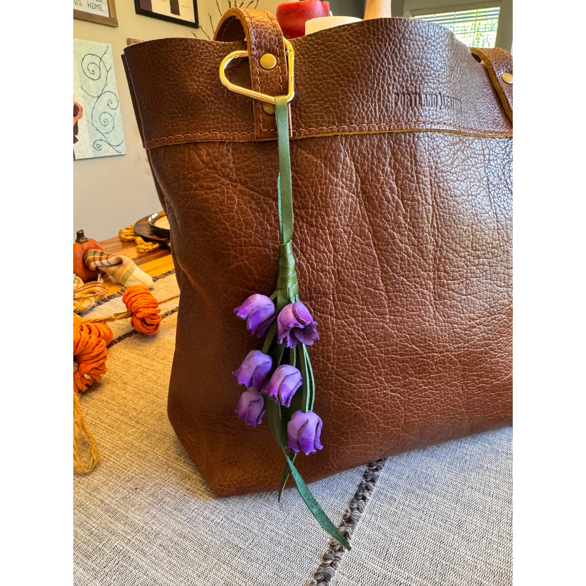 Genuine Leather Trailing Purple Flower Purse Charm Leather Bag Charm