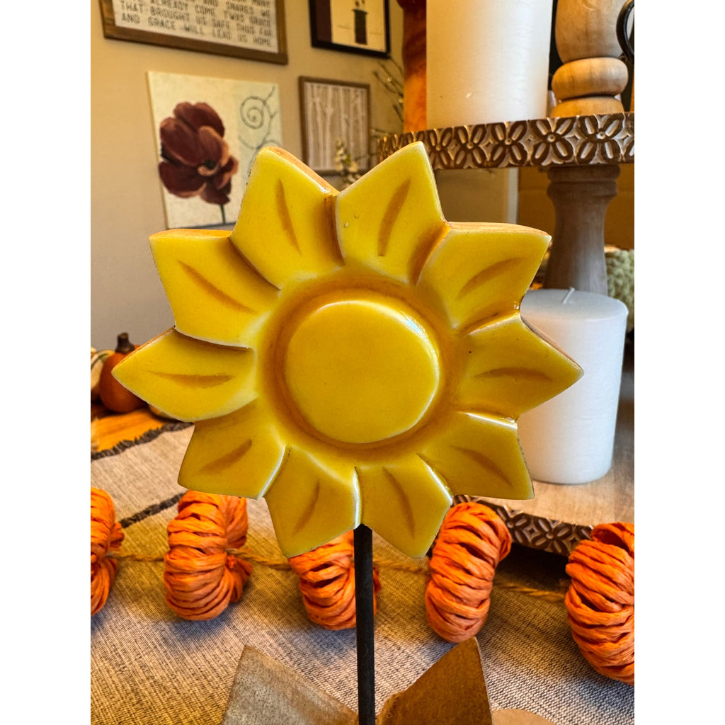 Set of 3 Rustic Home Decor Wood Flower Candle Plate Yellow Songbird Daisy Flower