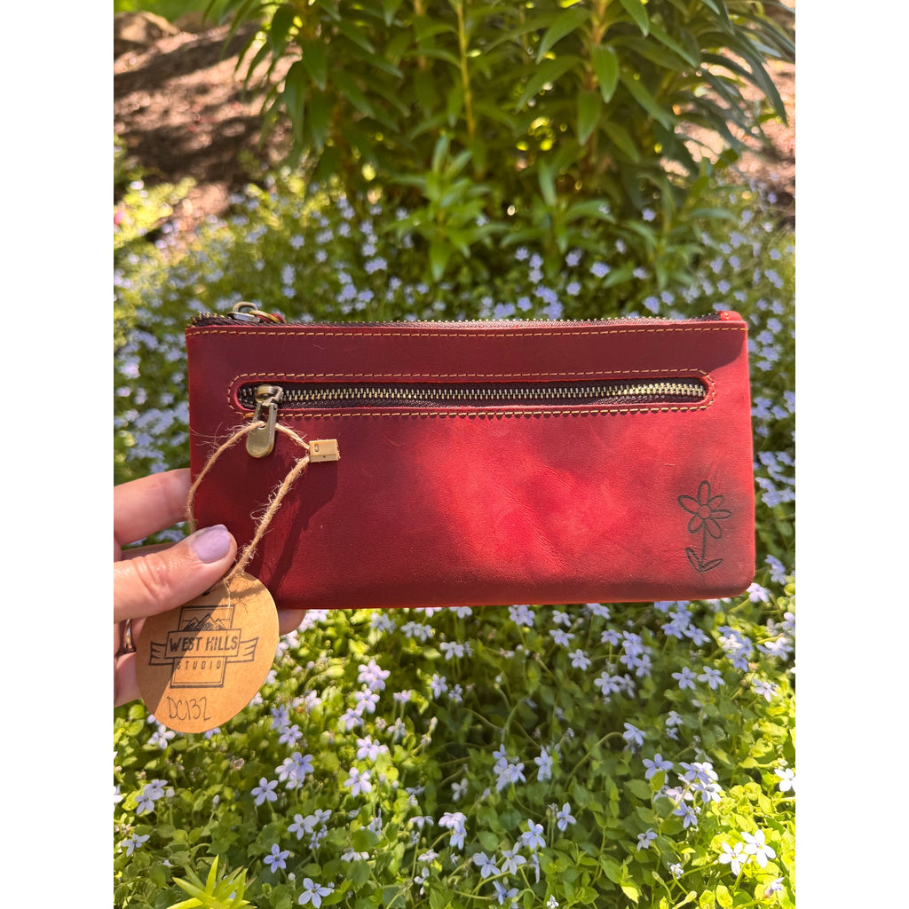 Genuine Leather Dark Red Makeup Bag Artist Pouch Leather Wristlet Bag NEW!