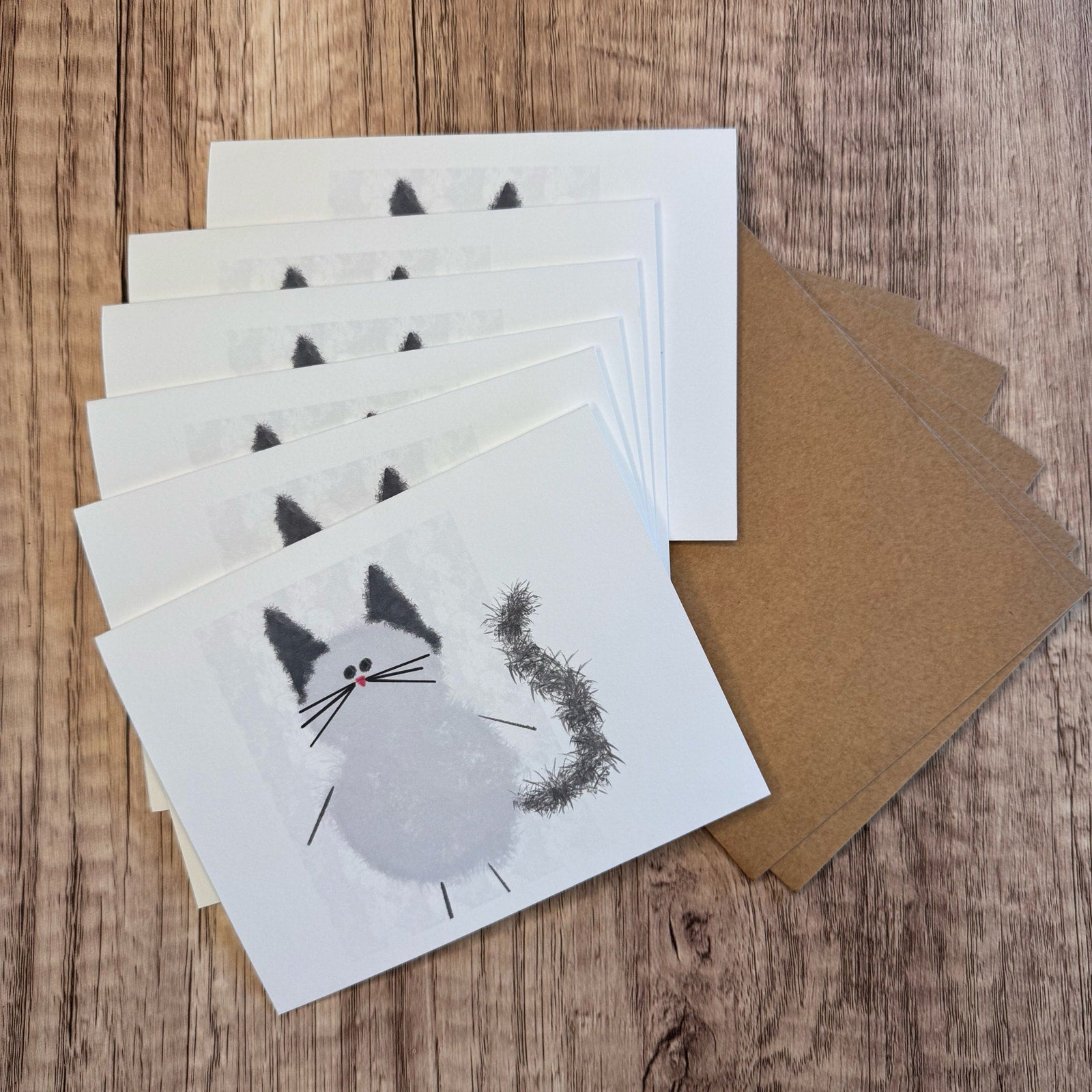 Greeting Cards Blank Notes Cat Lover Gray Cat 6 w/Envelopes Custom Art NEW!