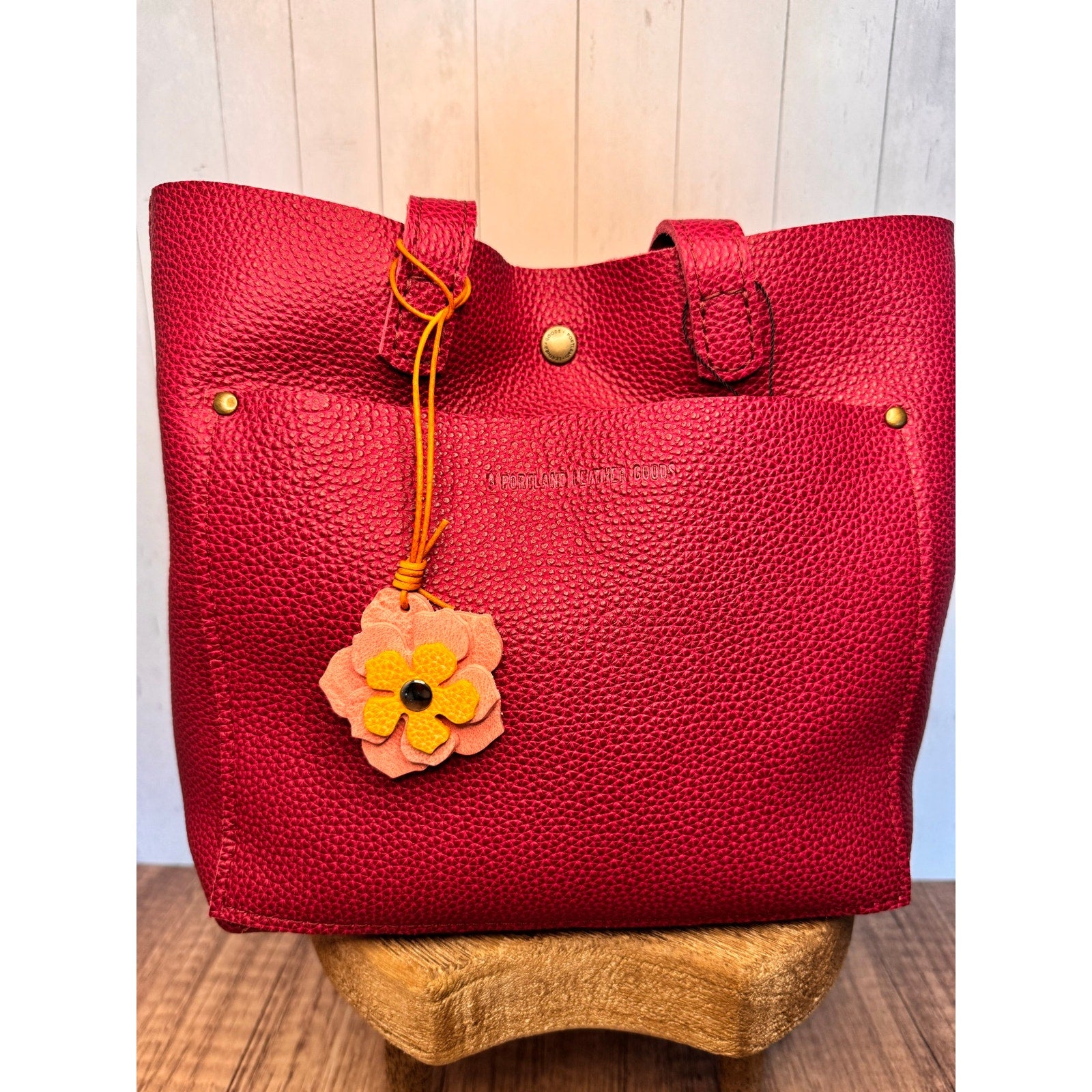 Leather Flower Bag Charm Yellow Pink Flower Purse Charm Genuine Leather 2 in
