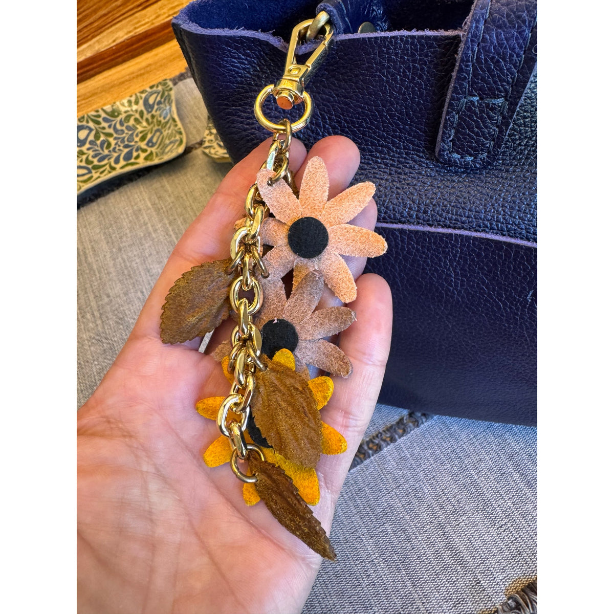Autumn Yellow Flower Bag Charm Genuine Leather Purse Charm Flower Charms NEW!