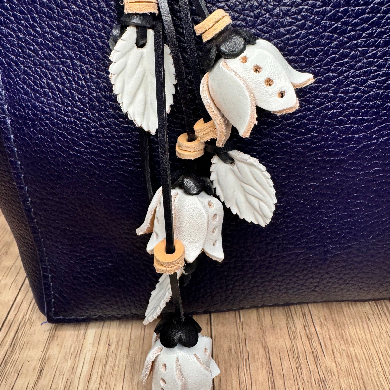 White Dahlia Leather Flower Purse Charm Genuine Leather White Flower Bag Charm
