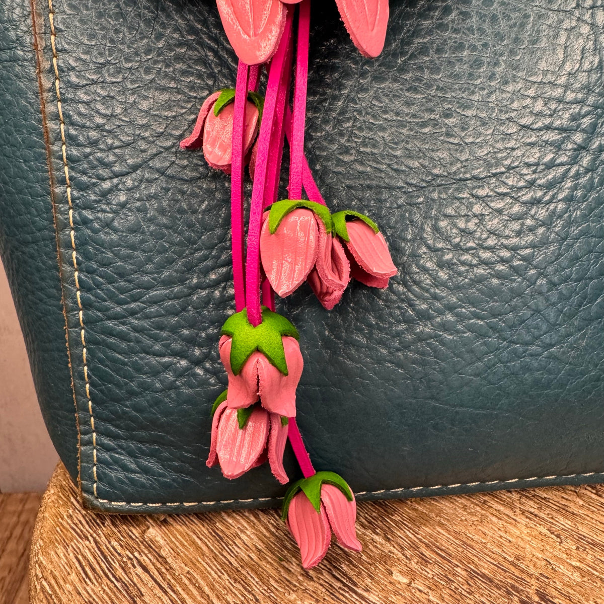 Genuine Leather Flower Purse Charm Pink Daisy Flower Leather Bag Charm FAST SHIP
