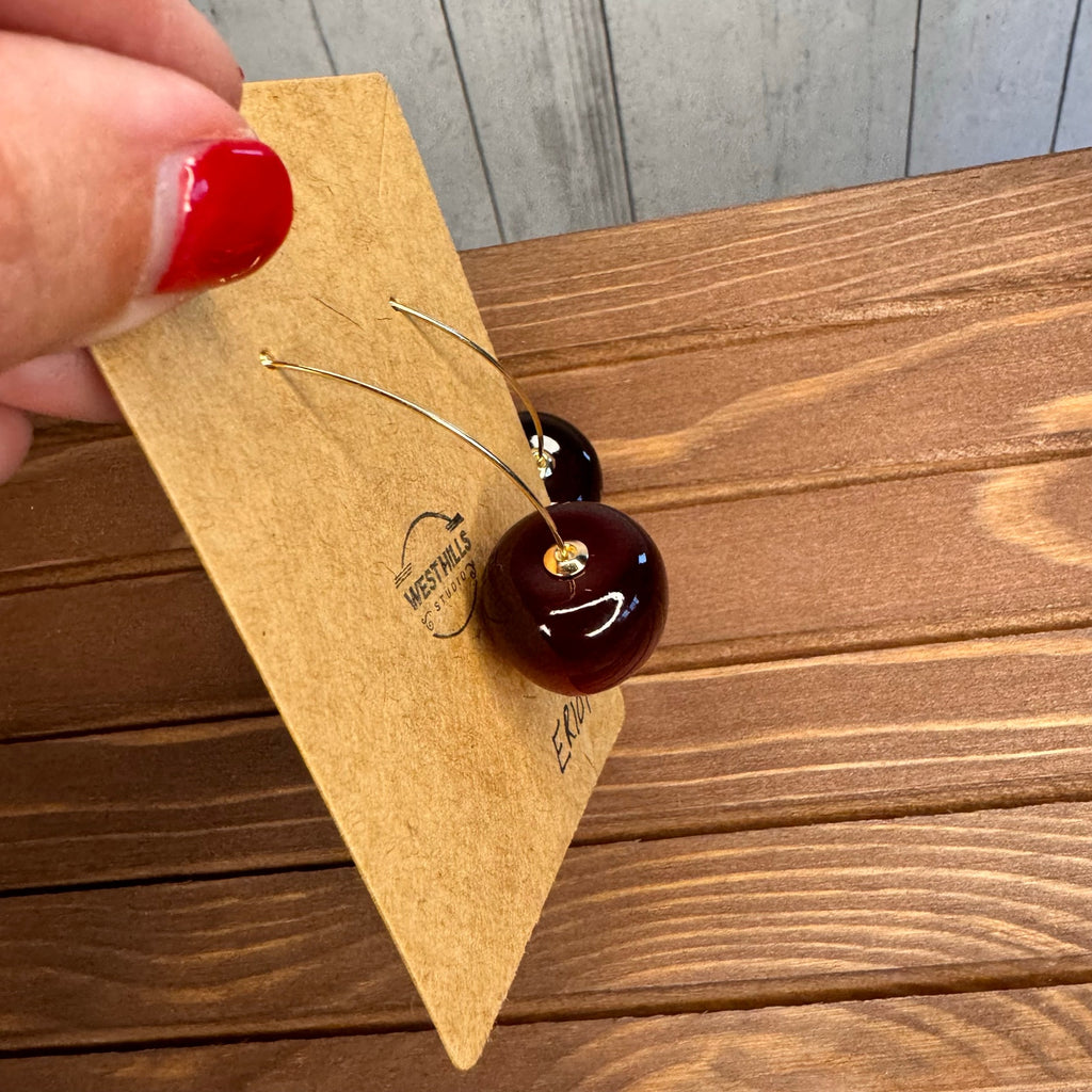 Red Cherry Earrings Dangle Red Fruit Earrings NEW! Fast Ship Gold Accents
