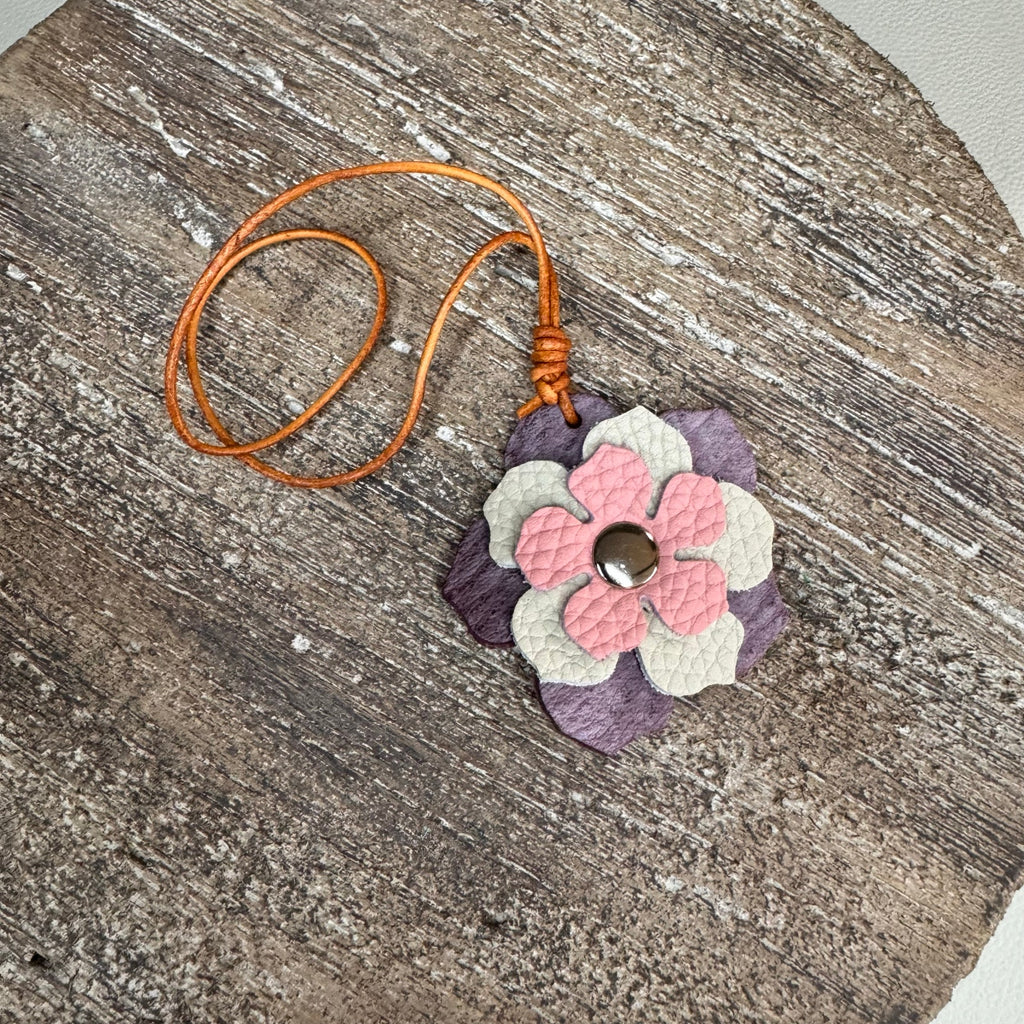 Leather Charm Pink Purple Flower Bag Charm Genuine Leather Purse Keychain