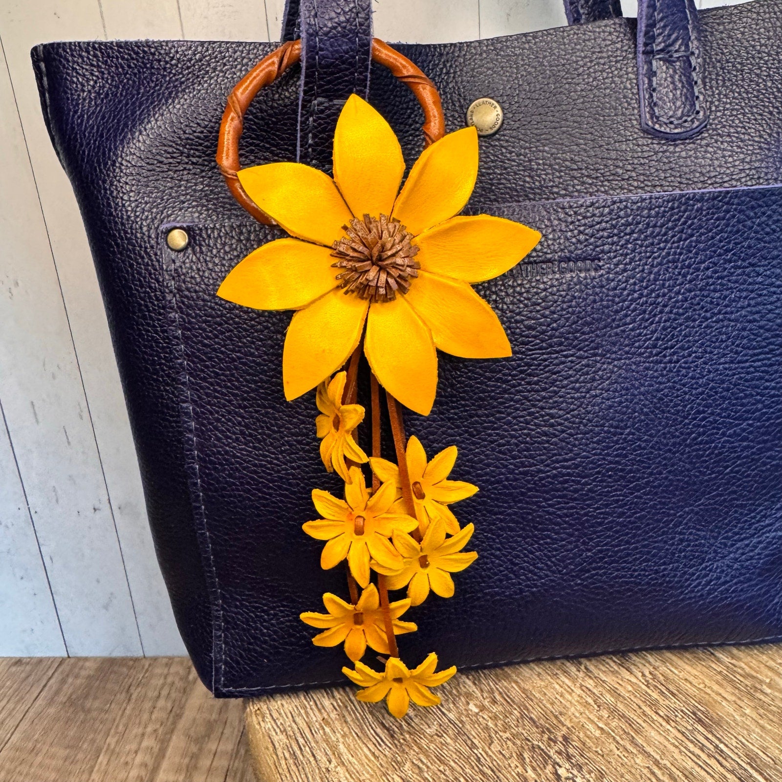 Leather Purse Charm Flower Charm Genuine Leather Yellow Daisy Bag Charm NEW!