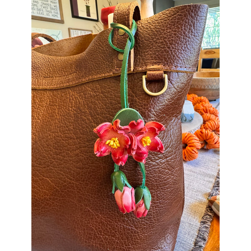 Genuine Leather Trailing Pink Flower Purse Charm Leather Bag Charm