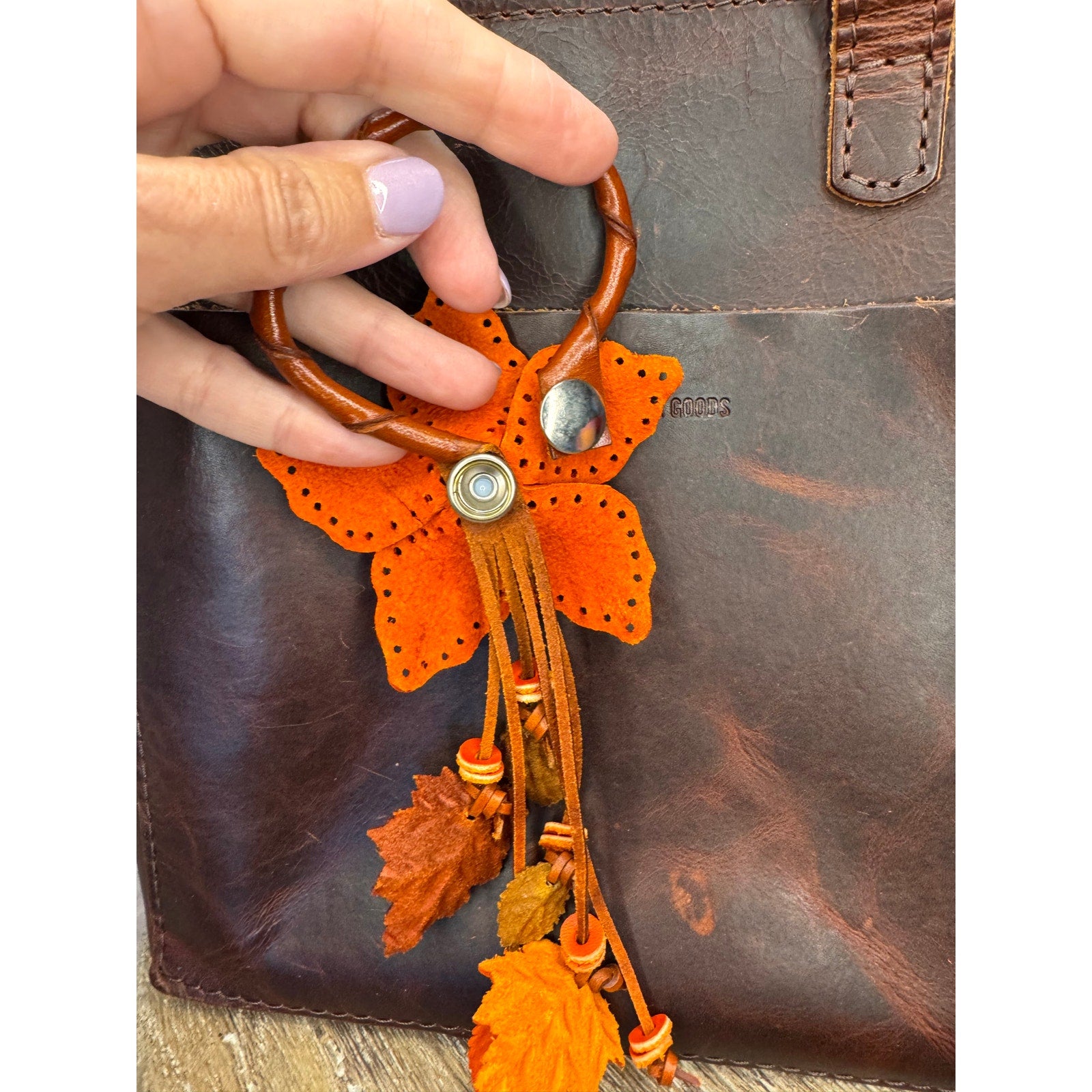 Autumn Orange Leather Purse Charm Genuine Leather Orange Flower Bag Charm