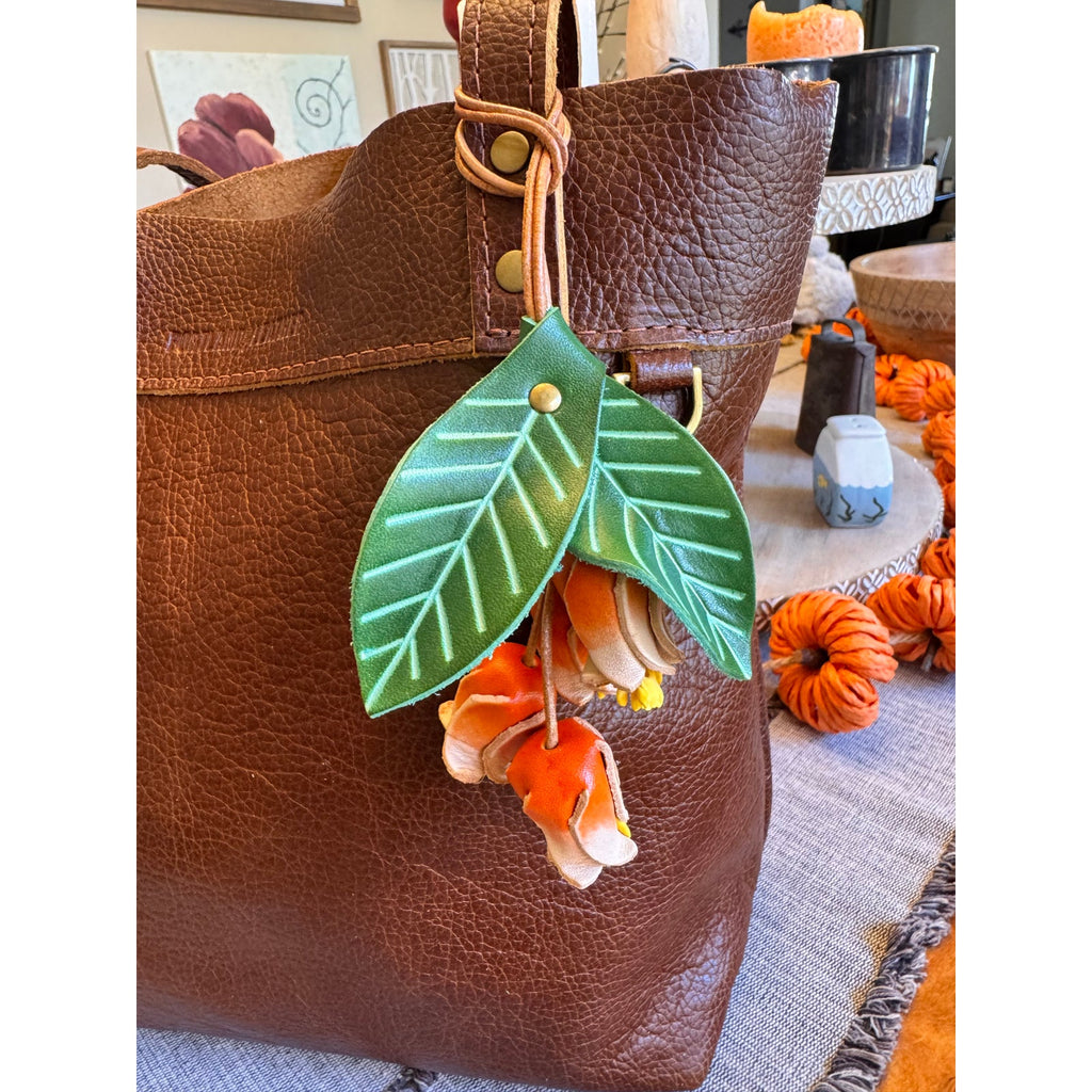 Genuine Leather Green Leaf Orange Flower Purse Charm Leather Bag Charm