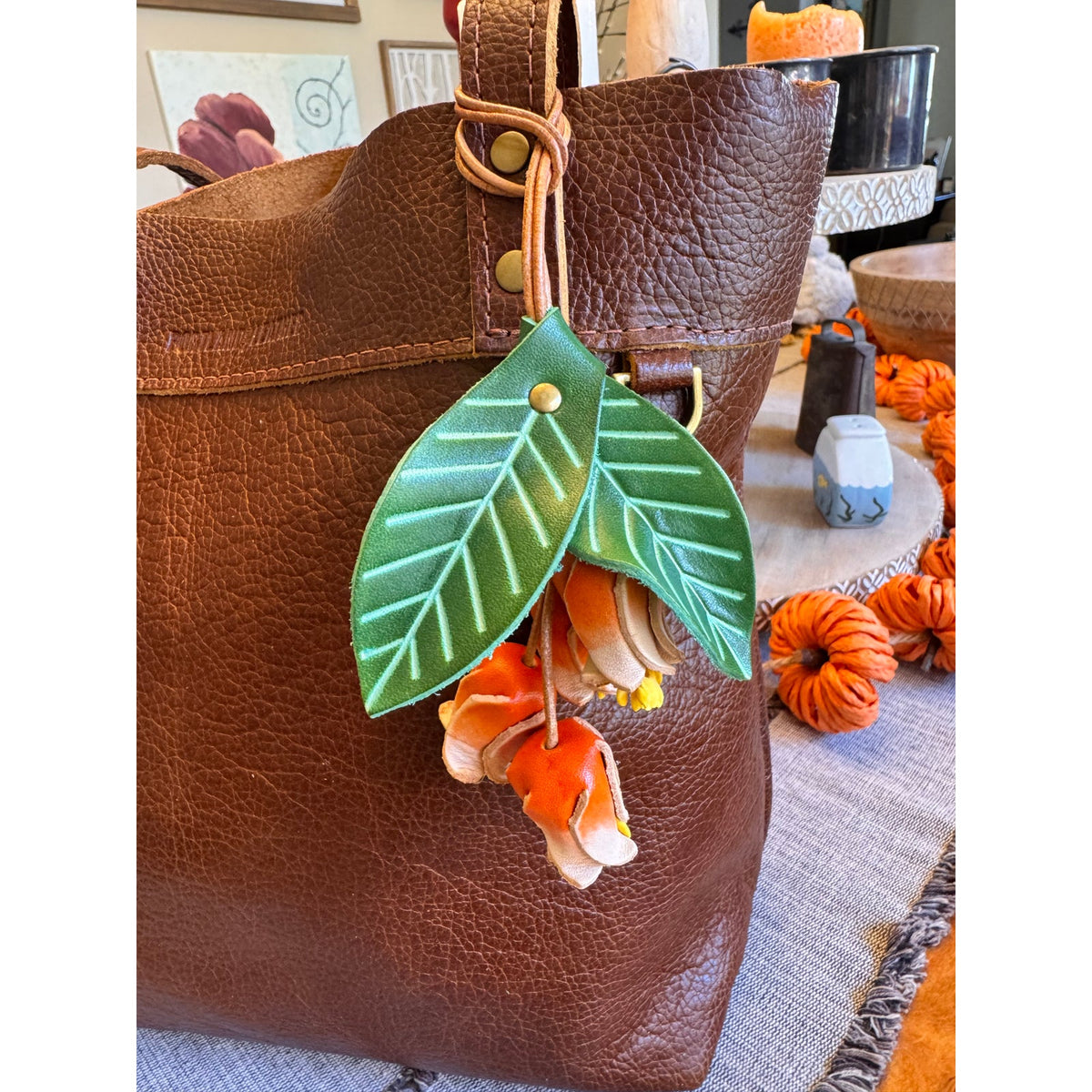 Genuine Leather Green Leaf Orange Flower Purse Charm Leather Bag Charm